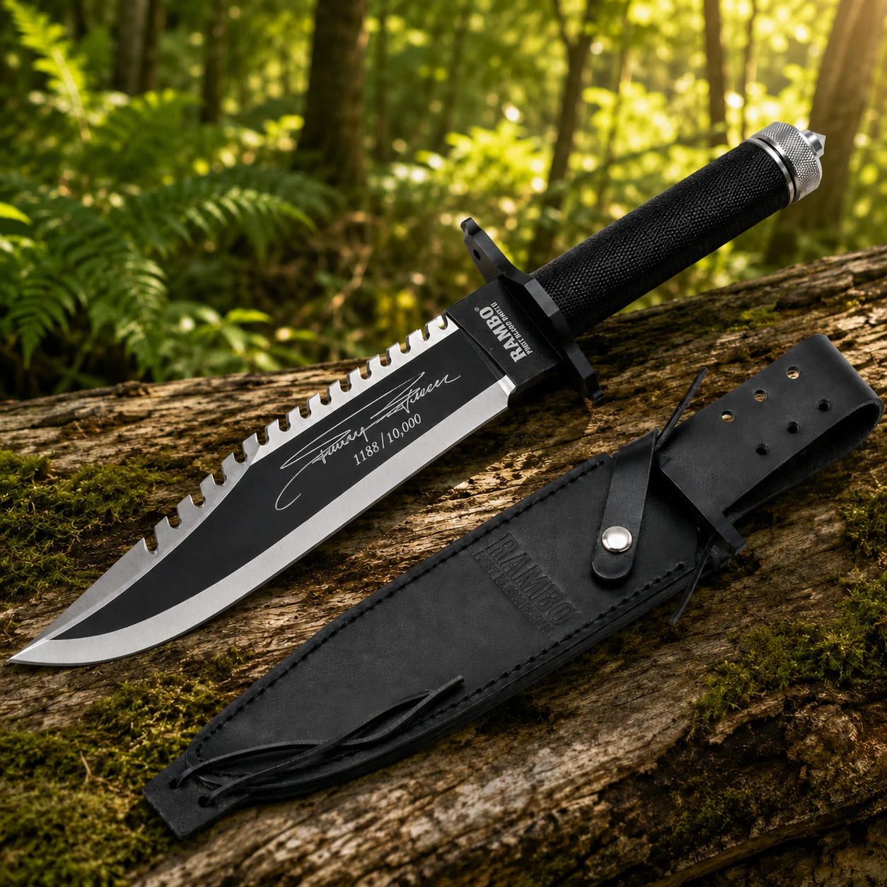 Rambo First Blood Part II Stallone Signature Edition knife prop replica close-up macro of black diamond crosshatch knurled handle black crossguard with two holes and knurled silver pommel cap with pointed tip in sunlit green jungle bokeh – Rambo Signature Edition display collectible