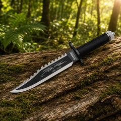 Rambo First Blood Part II Stallone Signature Edition knife prop replica close-up macro of black matte blade with serrated saw-tooth spine Sylvester Stallone facsimile signature engraving and 1188 10000 limited edition numbering on mossy log – Rambo movie prop replica collectible