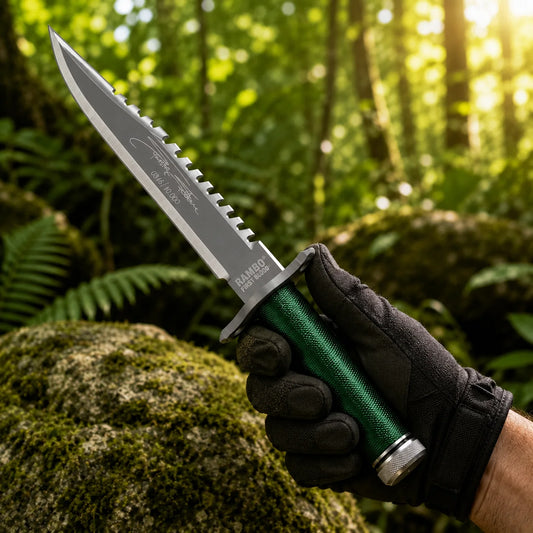 Rambo First Blood Stallone Signature Edition knife prop replica on mossy log showing grey silver two-tone satin display finish blade with serrated saw-tooth spine Sylvester Stallone facsimile signature engraving limited edition numbering RAMBO FIRST BLOOD crossguard engraving and green paracord-wrapped hollow handle – John Rambo limited edition collectible