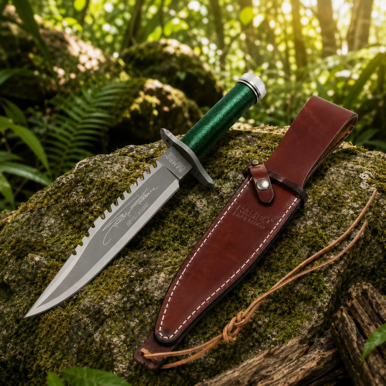 Rambo First Blood Stallone Signature Edition knife prop replica close-up macro of green paracord-wrapped hollow handle with knurled silver pommel cap with pointed tip and grey crossguard with two holes on mossy rock in sunlit green jungle bokeh – Rambo Signature Edition display collectible