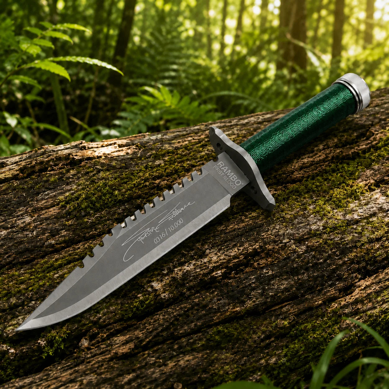 Rambo First Blood Stallone Signature Edition knife prop replica close-up macro of grey silver two-tone satin display finish blade with serrated saw-tooth spine RAMBO FIRST BLOOD crossguard engraving Sylvester Stallone facsimile signature and 0315 10000 limited edition numbering on mossy rock – John Rambo movie prop replica collectible