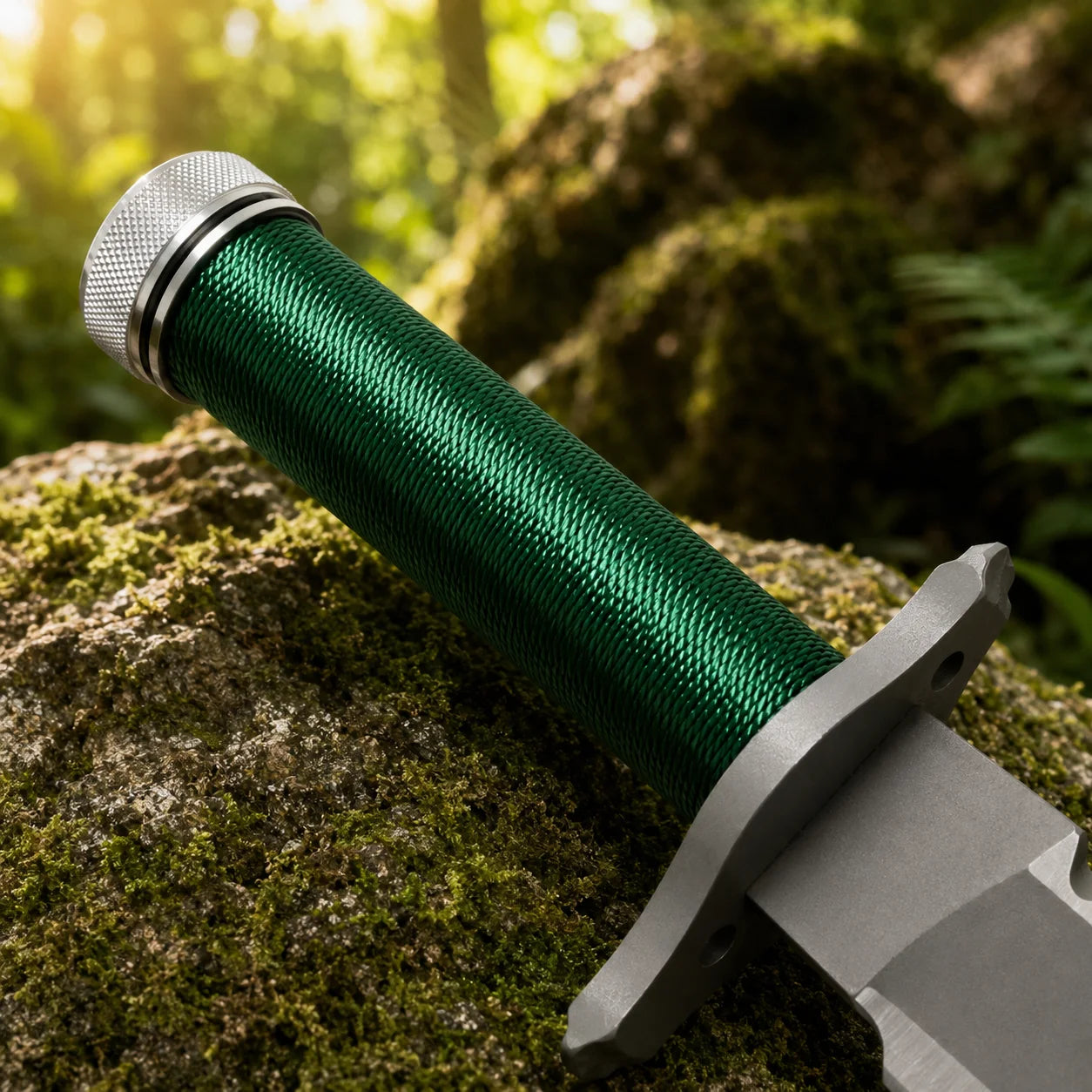 Rambo First Blood Stallone Signature Edition knife prop replica on mossy log with white display storage tube and detached knurled silver pommel cap with built-in compass showing complete hollow handle Signature Edition display kit – John Rambo limited edition collectible accessories
