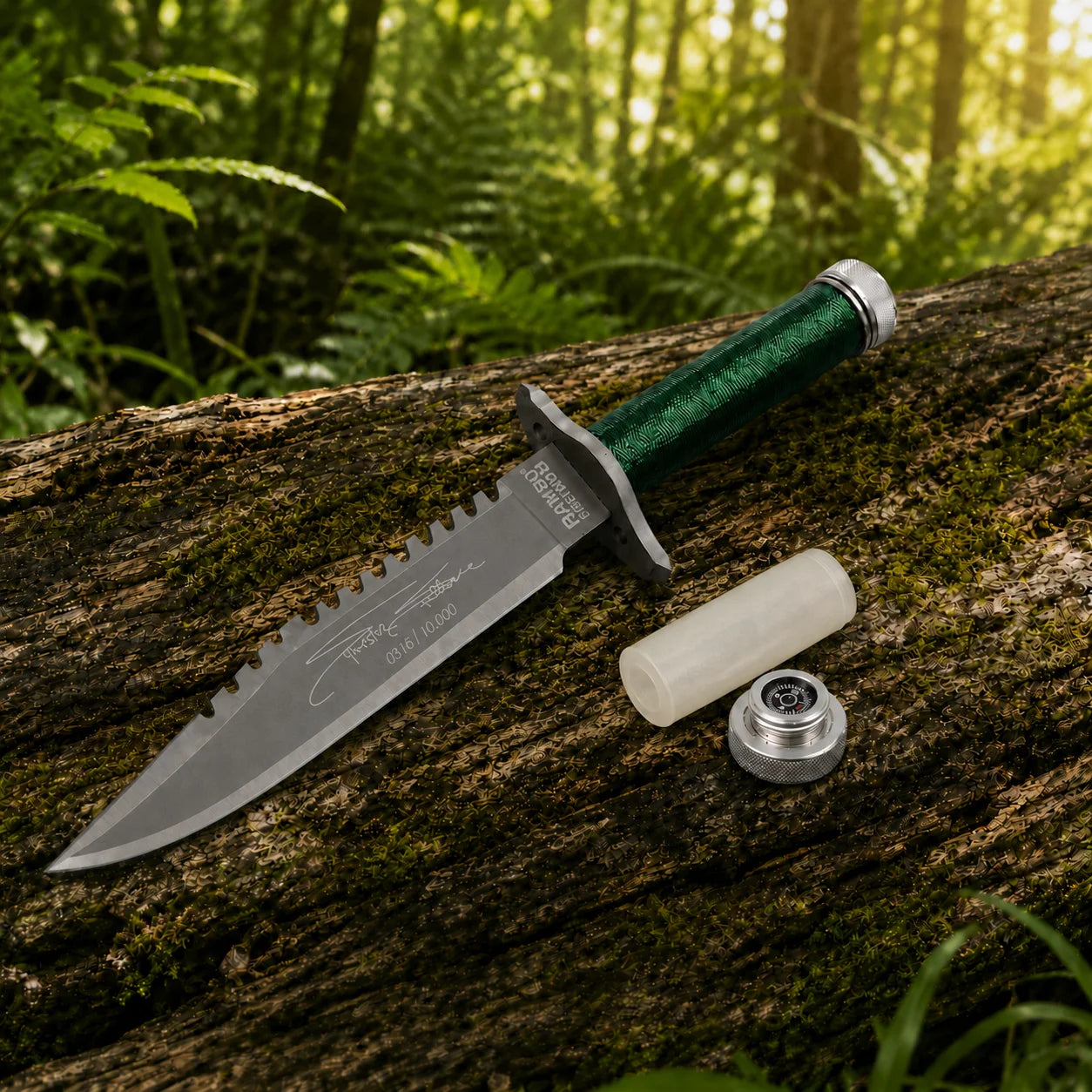 Rambo First Blood Stallone Signature Edition knife prop replica alternate hero angle on mossy log showing opposite blade side with RAMBO FIRST BLOOD crossguard engraving grey silver two-tone satin display finish blade serrated spine green paracord-wrapped hollow handle and knurled silver pommel cap – Rambo movie collectible cosplay prop