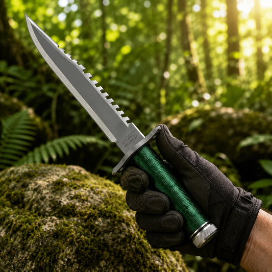 Rambo First Blood Standard Edition knife prop replica alternate hero view on mossy log showing RAMBO FIRST BLOOD crossguard engraving grey silver satin display finish blade with serrated saw-tooth spine green paracord-wrapped hollow handle and knurled silver pommel cap in sunlit green jungle forest – John Rambo limited edition collectible