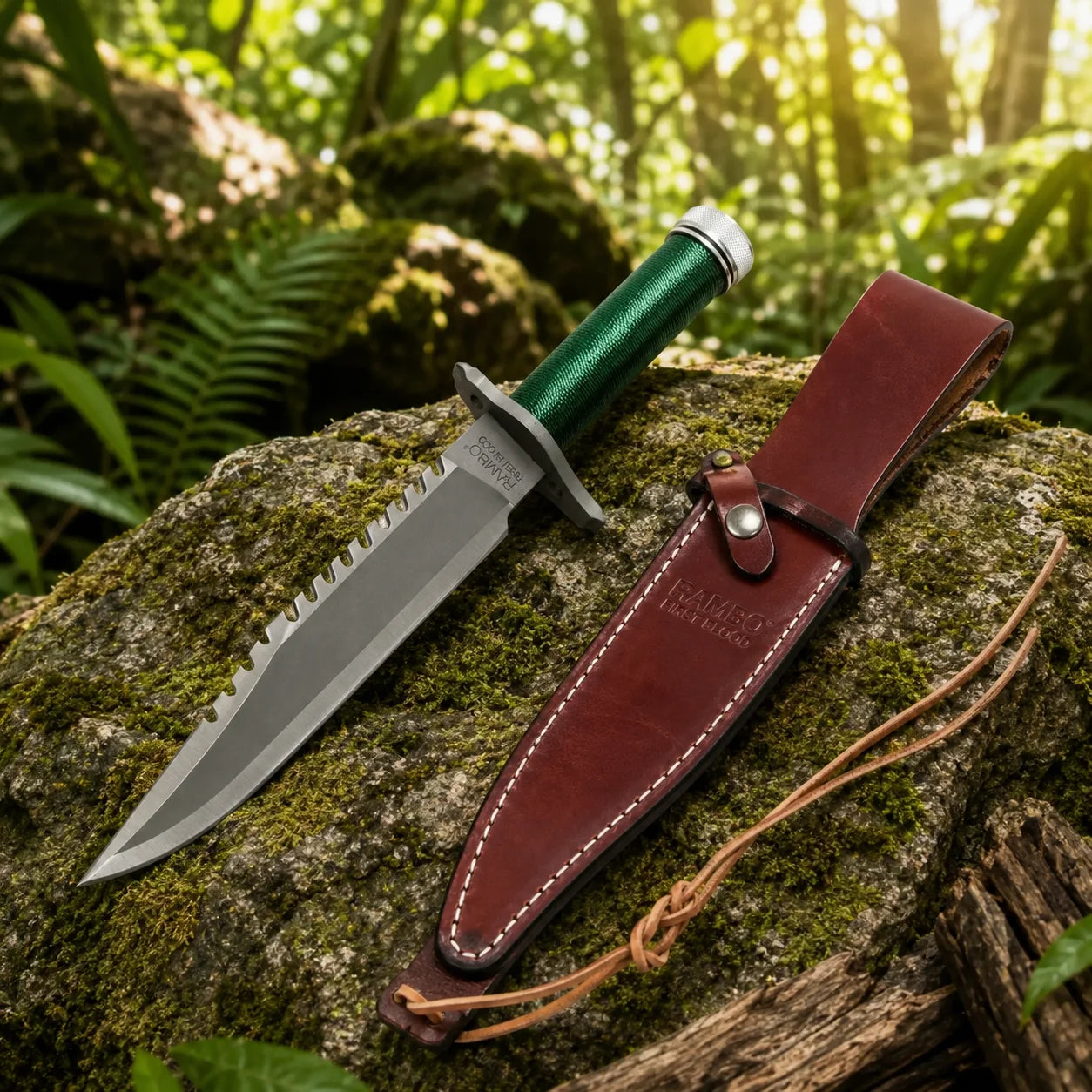 Rambo First Blood Standard Edition knife prop replica close-up macro of green paracord-wrapped hollow handle with knurled silver pommel cap with pointed tip and grey crossguard with two holes on mossy rock in sunlit green jungle bokeh – Rambo display collectible
