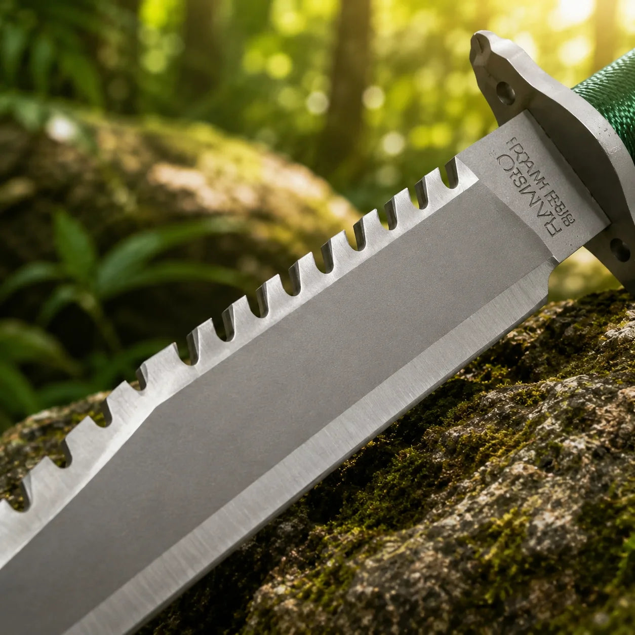 Rambo First Blood Standard Edition knife prop replica dramatic hero display on mossy log showing full grey silver satin display finish blade with serrated saw-tooth spine RAMBO FIRST BLOOD crossguard engraving green paracord-wrapped hollow handle and knurled silver pommel cap in sunlit green jungle forest – Rambo fan gift wall display