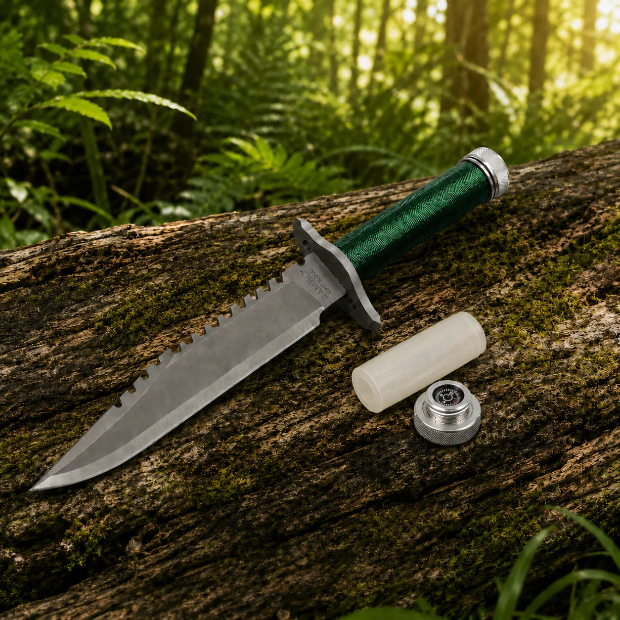Rambo First Blood Standard Edition knife prop replica alternate hero angle on mossy rock showing complete grey silver satin display finish blade with serrated spine RAMBO FIRST BLOOD crossguard engraving green paracord-wrapped hollow handle and knurled silver pommel cap in sunlit green jungle forest – Rambo movie collectible cosplay prop