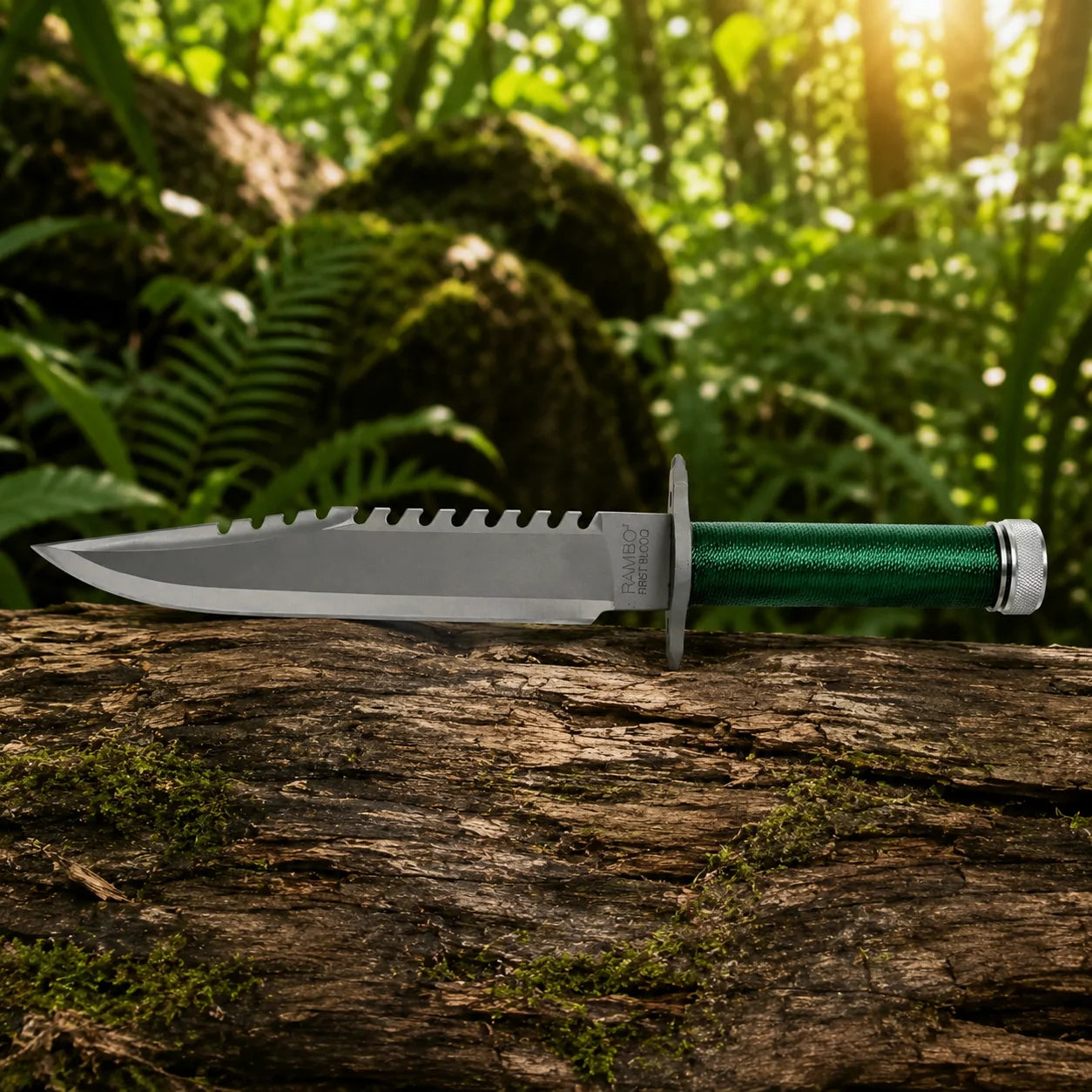Rambo First Blood Standard Edition knife prop replica wide display view on mossy log showing full grey silver satin display finish blade profile with serrated saw-tooth spine RAMBO FIRST BLOOD crossguard engraving green paracord-wrapped hollow handle and knurled silver pommel cap in sunlit green jungle forest – Sylvester Stallone Rambo fan gift display piece