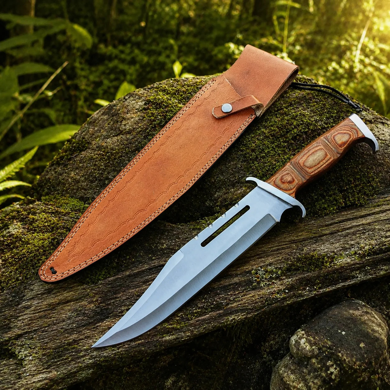 Rambo III Bowie knife prop replica dramatic hero display on mossy log in sunlit green forest showing full silver satin display finish clip-point bowie blade with 2 elongated rectangular blade slots warm honey brown pakkawood handle 3 silver bolster panels and silver steel double crossguard with finger hook notch – Rambo III fan gift wall display