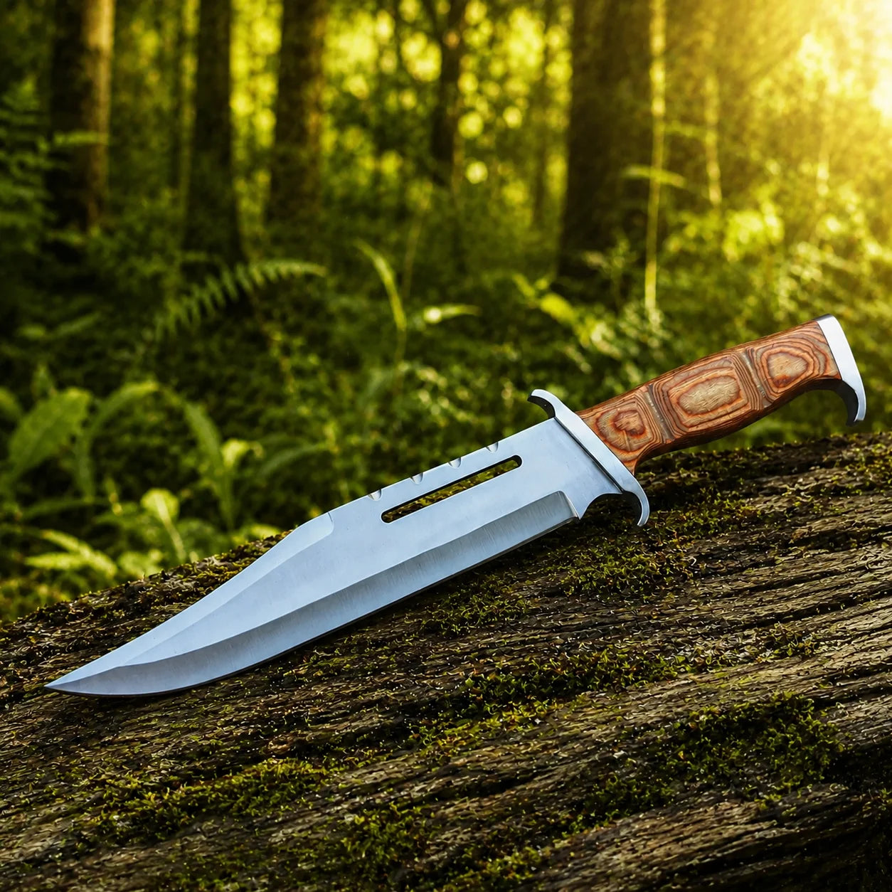 Rambo III Bowie knife prop replica close-up macro of warm honey brown pakkawood handle panels with natural wood grain rings 3 silver bolster panels silver steel double crossguard with finger hook notch and black cord lanyard on mossy log in sunlit green forest bokeh – Rambo III display collectible