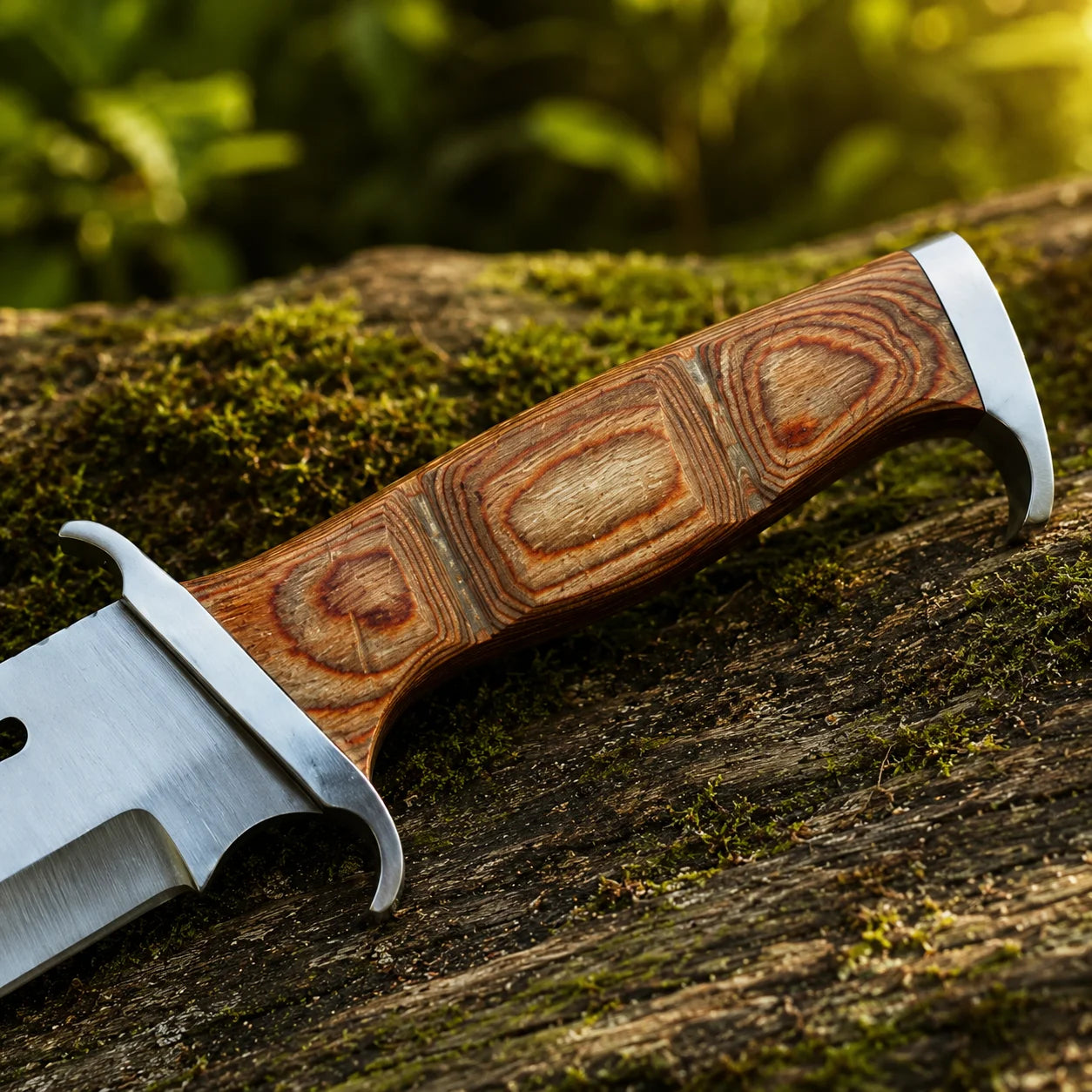 Rambo III Bowie knife prop replica close-up macro of silver satin display finish clip-point bowie blade with single hollow grind 2 elongated rectangular blade slots near ricasso and tapered clip-point display tip on mossy log in sunlit green forest – John Rambo 1988 Rambo 3 movie prop replica collectible