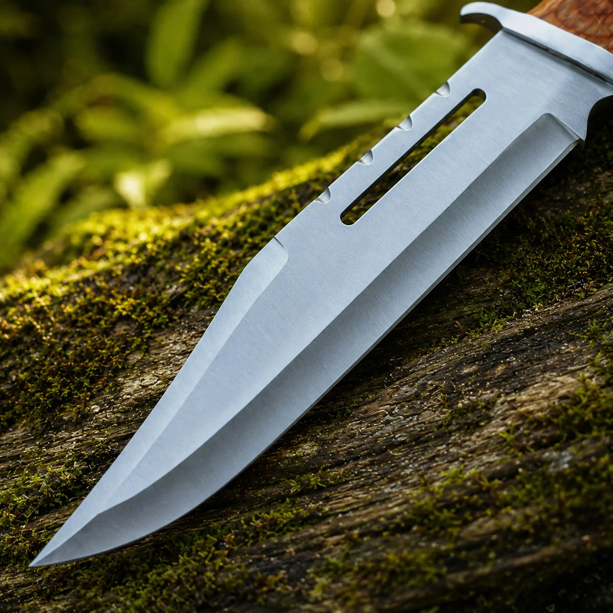 Rambo III Bowie knife prop replica wide display view on mossy rock with full-length tan cognac brown leather sheath showing full silver satin display finish clip-point bowie blade profile with 2 blade slots warm honey brown pakkawood handle and silver steel double crossguard in sunlit green forest – Rambo III cosplay prop fan gift