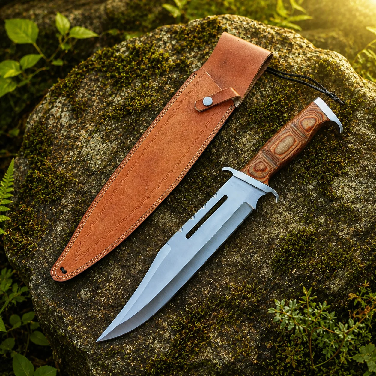 Rambo III Bowie knife prop replica alternate hero view on mossy rock in sunlit green forest showing full silver satin display finish clip-point bowie blade with 2 elongated rectangular blade slots warm honey brown pakkawood handle 3 silver bolster panels and tan cognac brown leather sheath – Sylvester Stallone Rambo III fan gift display piece
