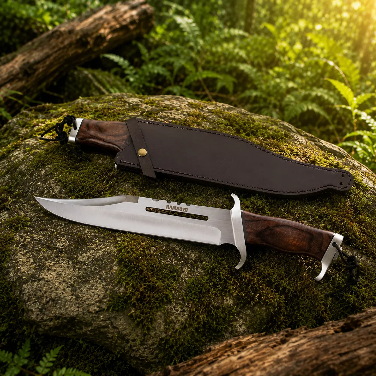 Rambo III Standard Edition knife prop replica hero view on mossy rock with dark brown leather sheath with brass stud rivet showing silver satin display finish clip-point blade RAMBO III engraving dark walnut hardwood handle and silver double crossguard – John Rambo movie prop replica collectible