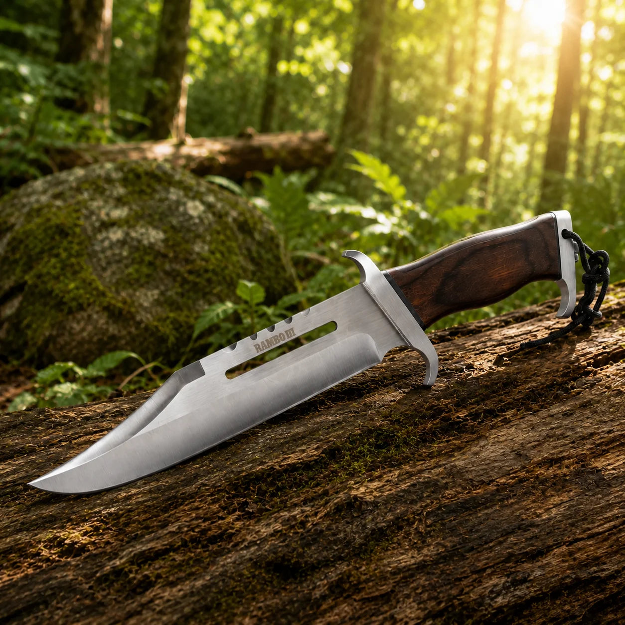 Rambo III Standard Edition knife prop replica dramatic hero display on mossy log showing full silver satin display finish clip-point blade with RAMBO III engraving 3 circular holes slot cut-out dark walnut hardwood handle silver double crossguard and silver pommel cap with black paracord lanyard – Rambo fan gift wall display