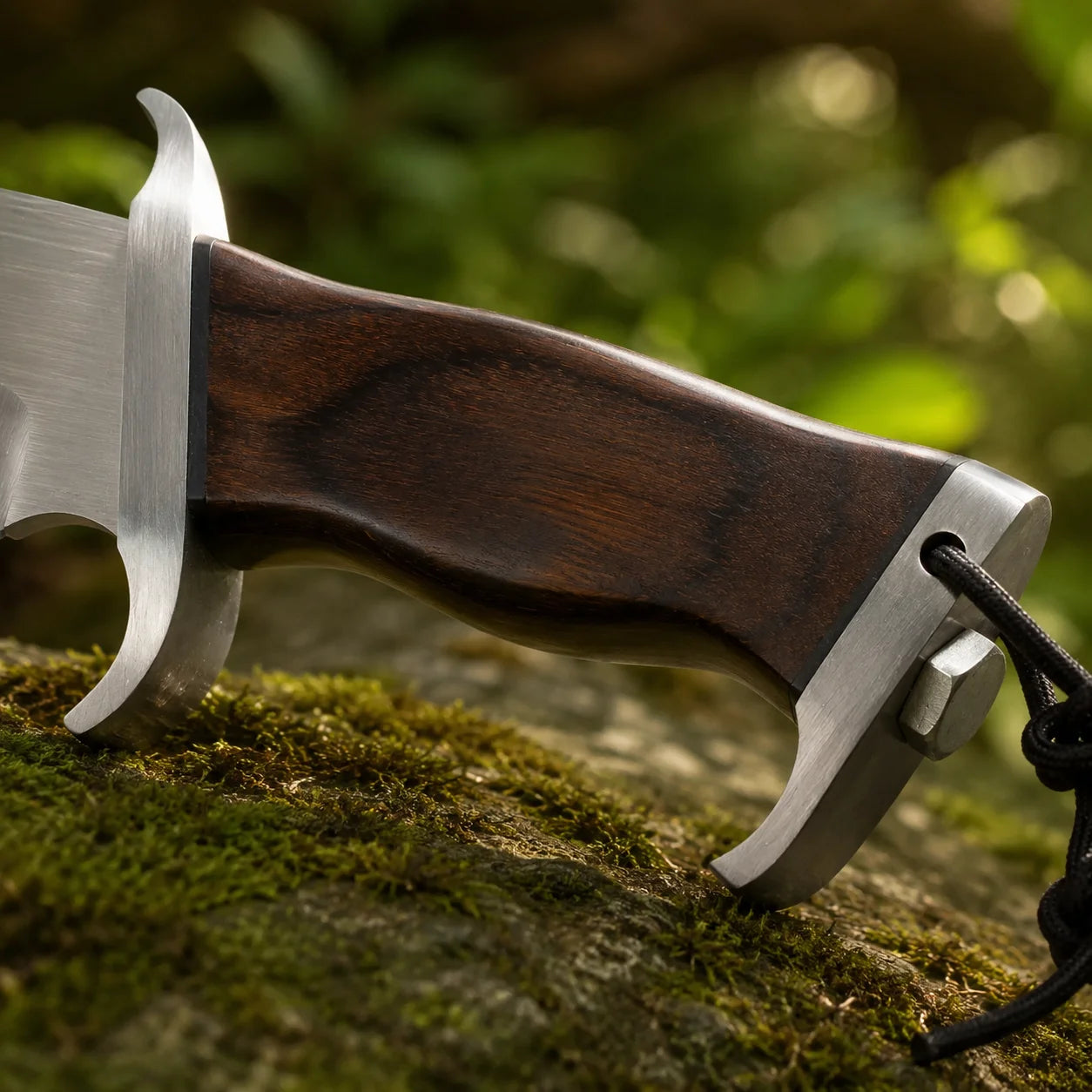 Rambo III Standard Edition knife prop replica close-up macro of silver satin display finish clip-point blade showing RAMBO III blade engraving 3 circular holes and slot cut-out on spine on mossy rock in sunlit green jungle forest – John Rambo III movie prop replica collectible