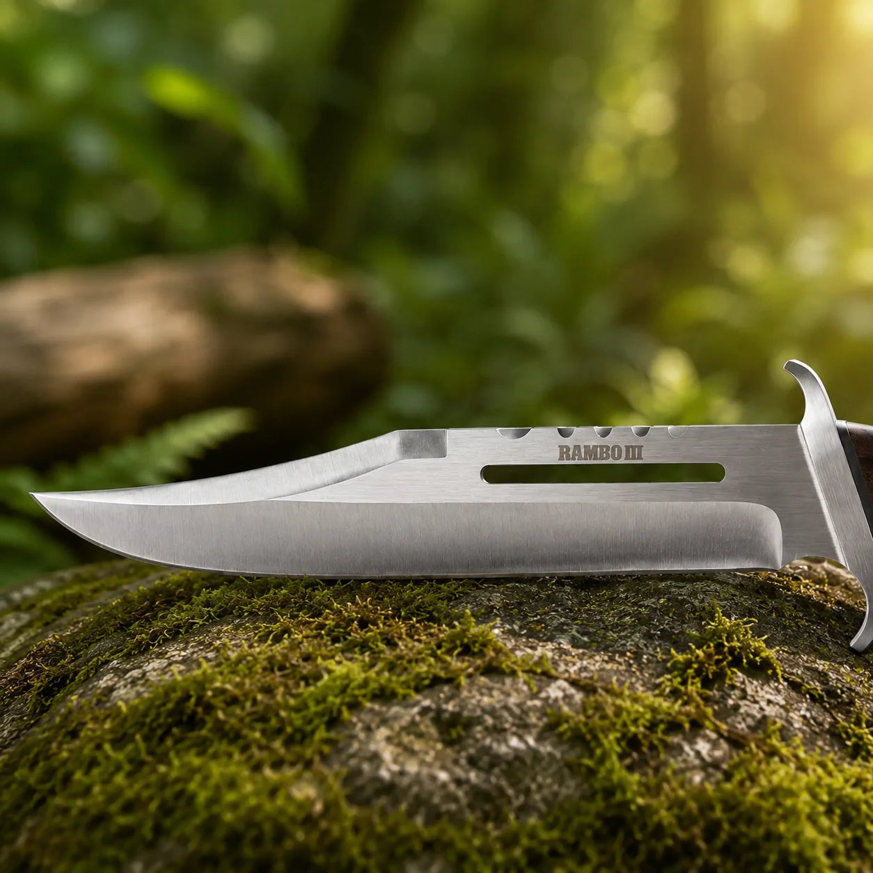 Rambo III Standard Edition knife prop replica wide display view on mossy rock showing full silver satin display finish clip-point blade profile with RAMBO III engraving spine cut-outs dark walnut hardwood handle silver double crossguard and silver pommel cap in sunlit green jungle forest – Rambo III cosplay prop fan gift