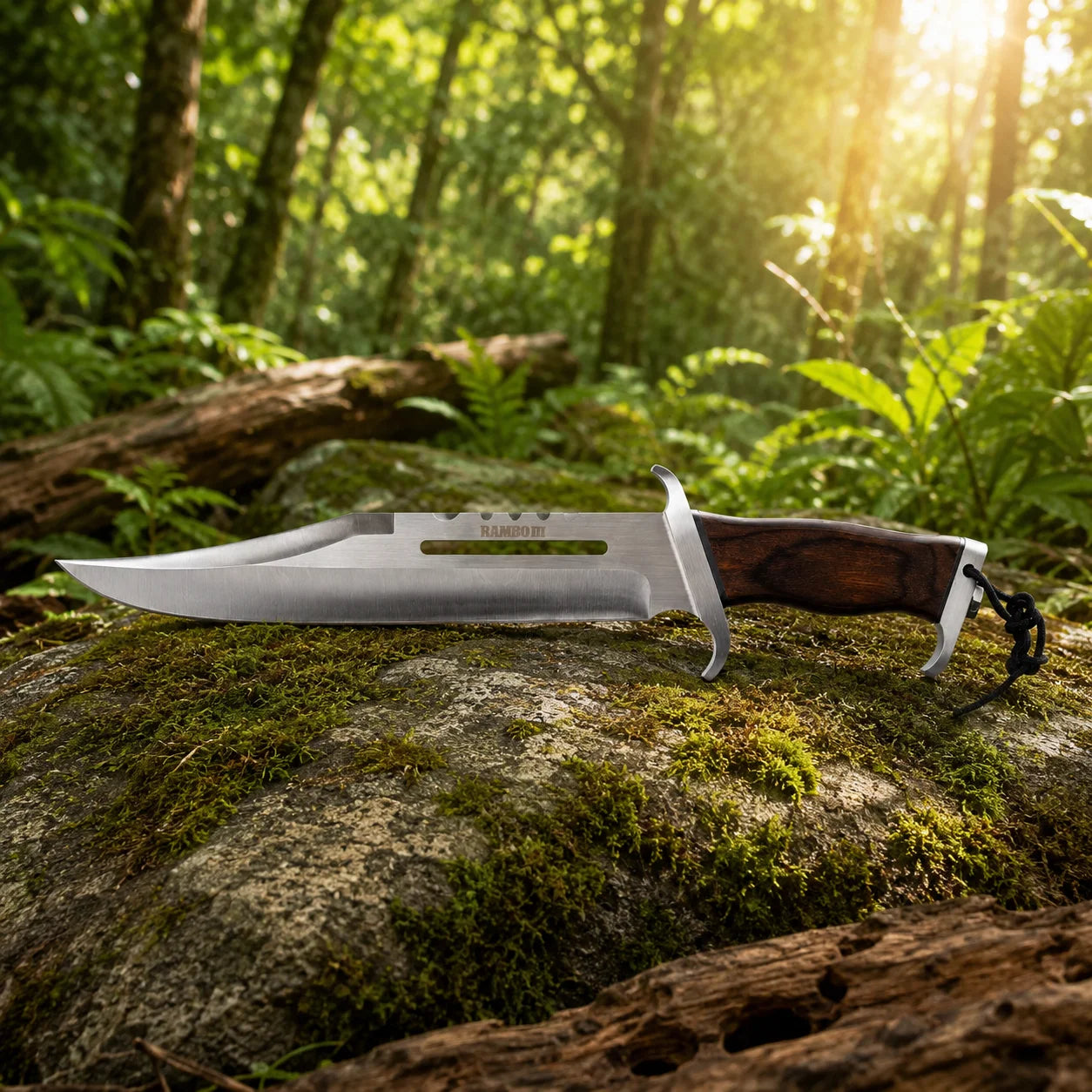 Rambo III Standard Edition knife prop replica wide display view on mossy rock showing full silver satin display finish clip-point blade profile with RAMBO III engraving spine cut-outs dark walnut hardwood handle silver double crossguard and silver pommel cap in sunlit green jungle forest – Rambo III cosplay prop fan gift