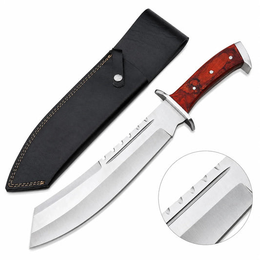 Rambo IV Bowie knife prop replica hero view on mossy rock with full-length black full-grain leather sheath white stitching and silver snap button closure showing silver satin display finish wide clip-point bowie blade with serrated spine and deep crimson burlwood handle – John Rambo Rambo 4 movie prop replica collectible