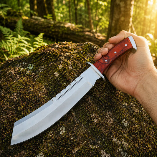 Rambo IV Bowie knife prop replica dramatic hero display on mossy rock in sunlit green forest showing full silver satin display finish wide clip-point bowie blade with serrated spine elongated fuller deep crimson burlwood handle silver steel bolster guard and flat rectangular pommel cap – Rambo IV fan gift wall display