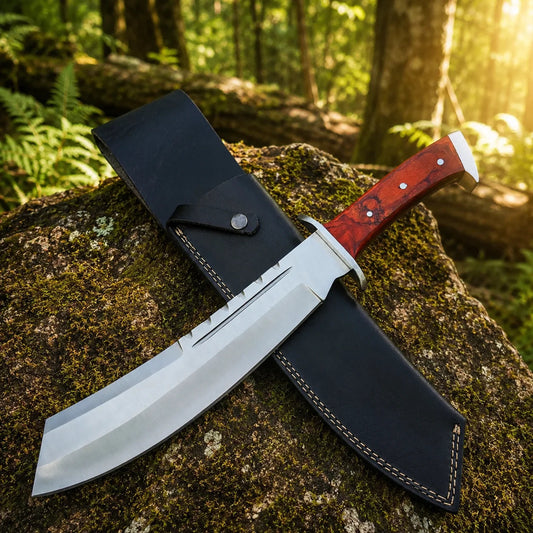 Rambo IV Bowie knife prop replica dramatic hero display on mossy rock in sunlit green forest showing full silver satin display finish wide clip-point bowie blade with serrated spine elongated fuller deep crimson burlwood handle silver steel bolster guard and flat rectangular pommel cap – Rambo IV fan gift wall display