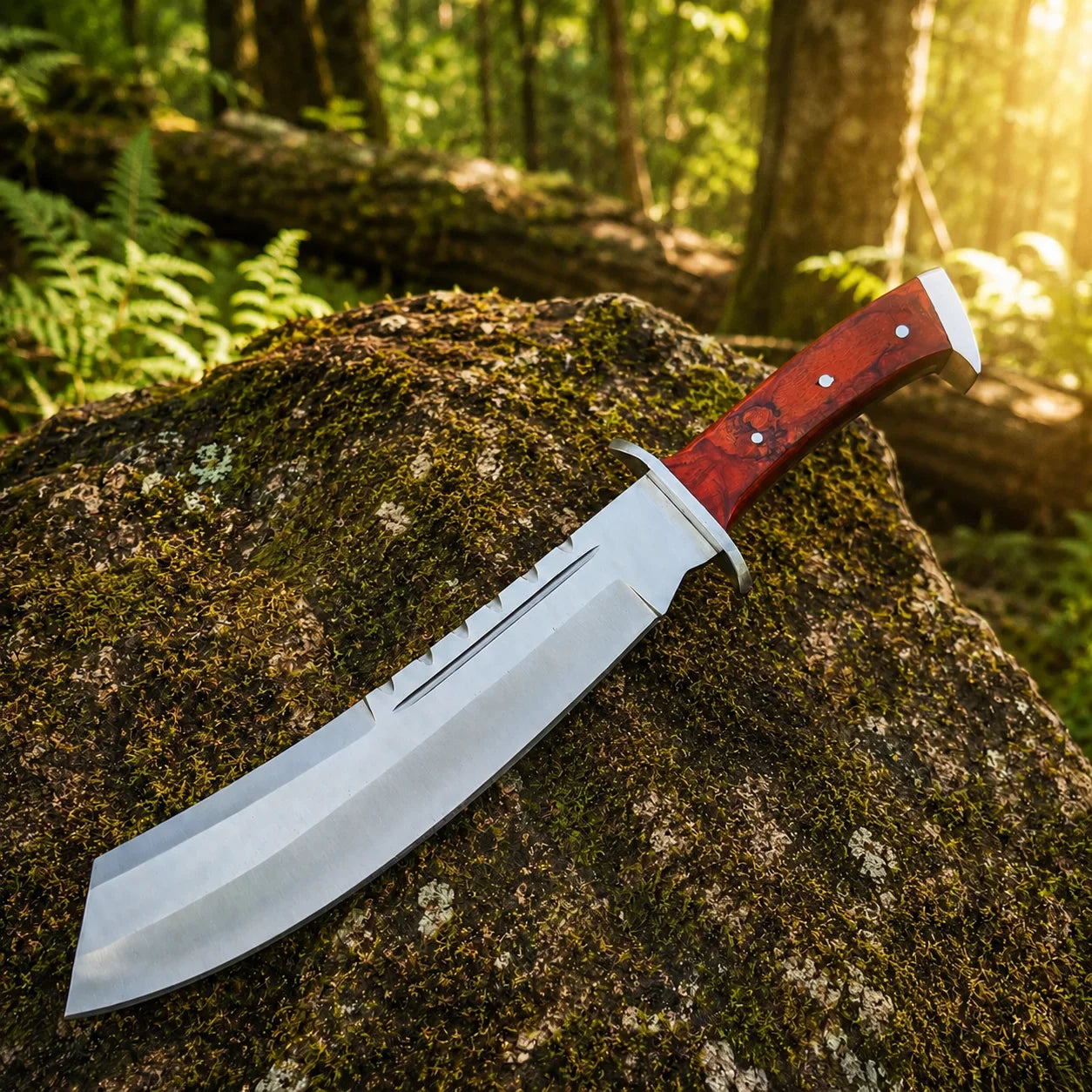 Rambo IV Bowie knife prop replica close-up macro of deep crimson stabilized burlwood handle panels with rich burl grain pattern 3 silver pin rivets silver steel bolster guard with finger hook notch and flat rectangular silver steel pommel cap on mossy rock in sunlit green forest bokeh – Rambo IV display collectible