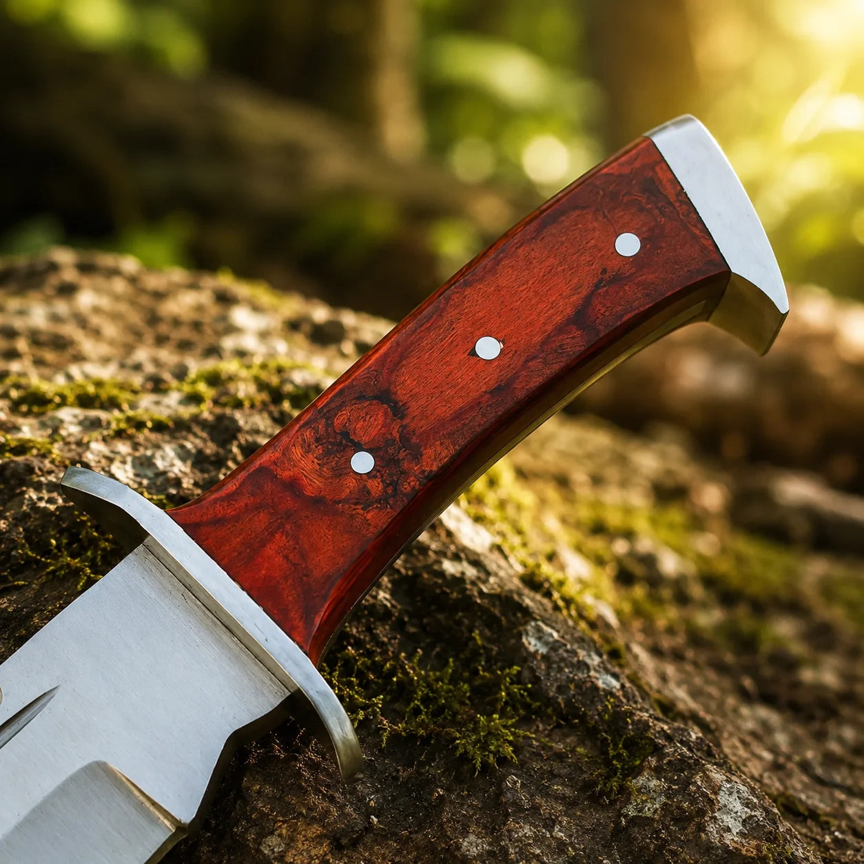 Rambo IV Bowie knife prop replica close-up macro of silver satin display finish wide clip-point bowie blade with serrated spine 4 saw-tooth serrations elongated fuller running mid-blade and curved belly on mossy rock in sunlit green forest – John Rambo 2008 Rambo 4 movie prop replica collectible