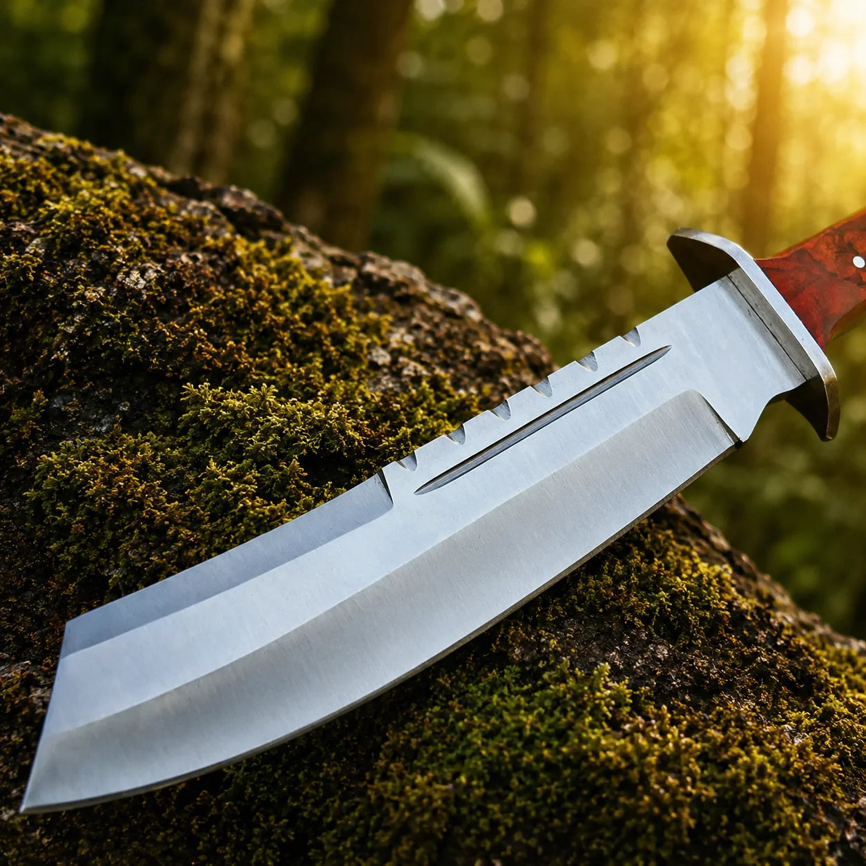 Rambo IV Bowie knife prop replica wide display view on mossy log with full-length black full-grain leather sheath showing full silver satin display finish wide clip-point bowie blade profile with serrated spine deep crimson burlwood handle and silver steel bolster guard in sunlit green forest – Rambo IV cosplay prop fan gift