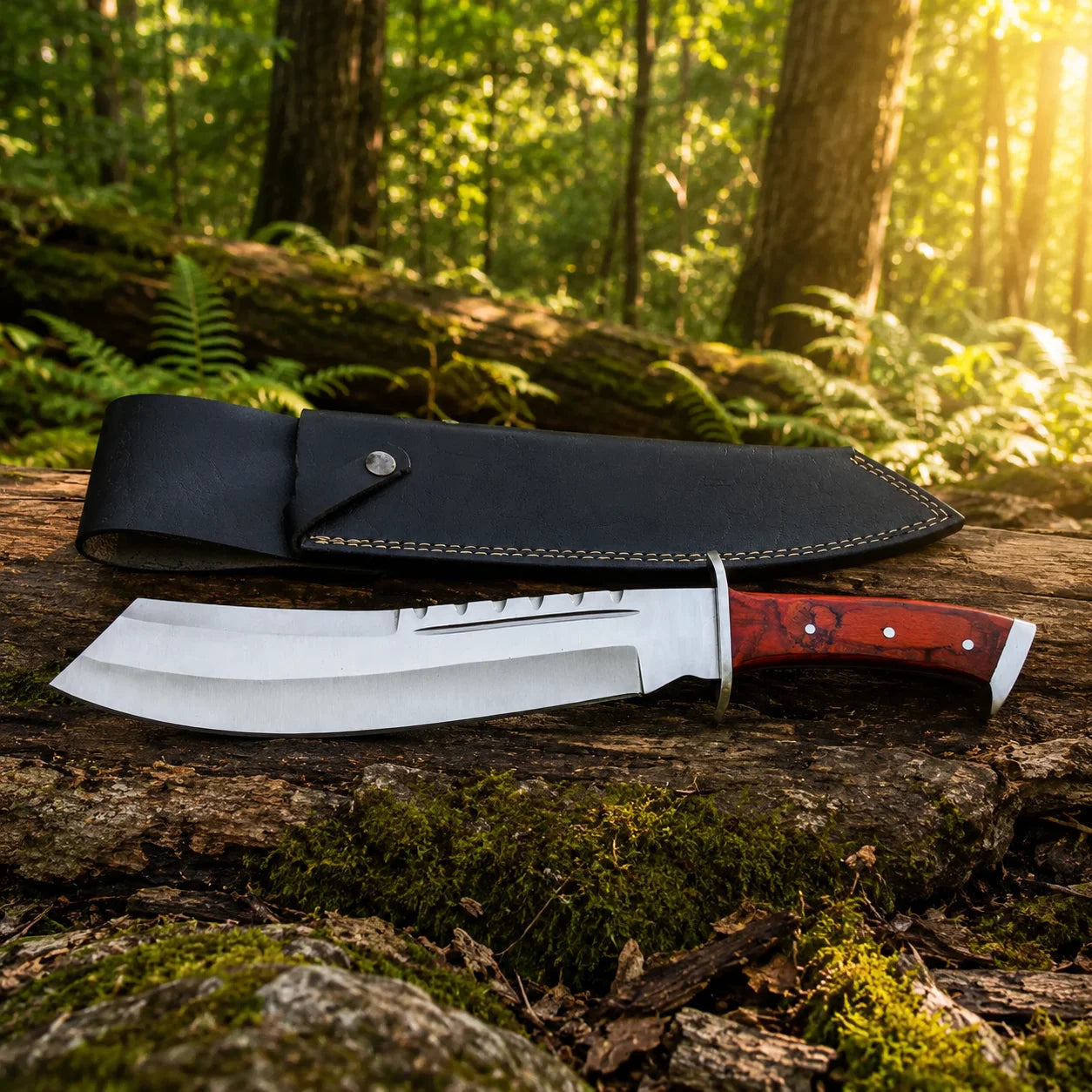 Rambo IV Bowie knife prop replica alternate hero view on mossy log in sunlit green forest showing full silver satin display finish wide clip-point bowie blade with serrated spine elongated fuller deep crimson stabilized burlwood handle and black full-grain leather sheath – Sylvester Stallone Rambo IV fan gift display piece