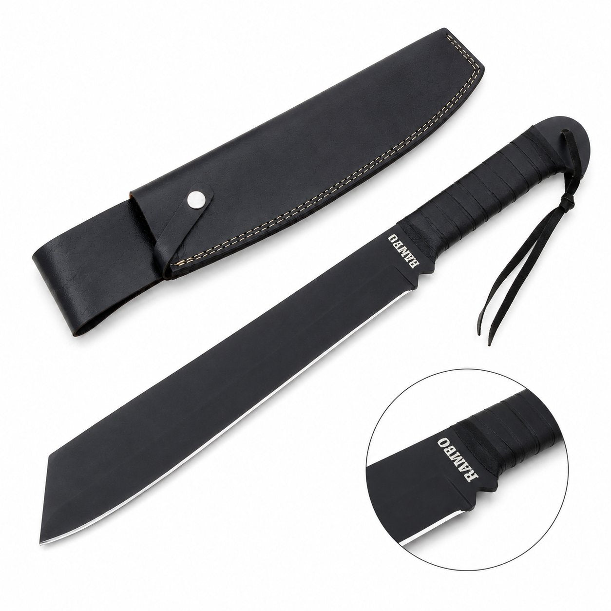 Rambo IV Machete prop replica held in gloved hand in sunlit green jungle forest showing wide black matte display finish cleaver-style blade with RAMBO engraving near ricasso and black leather-wrapped handle with finger-notch guard – John Rambo 2008 movie display collectible