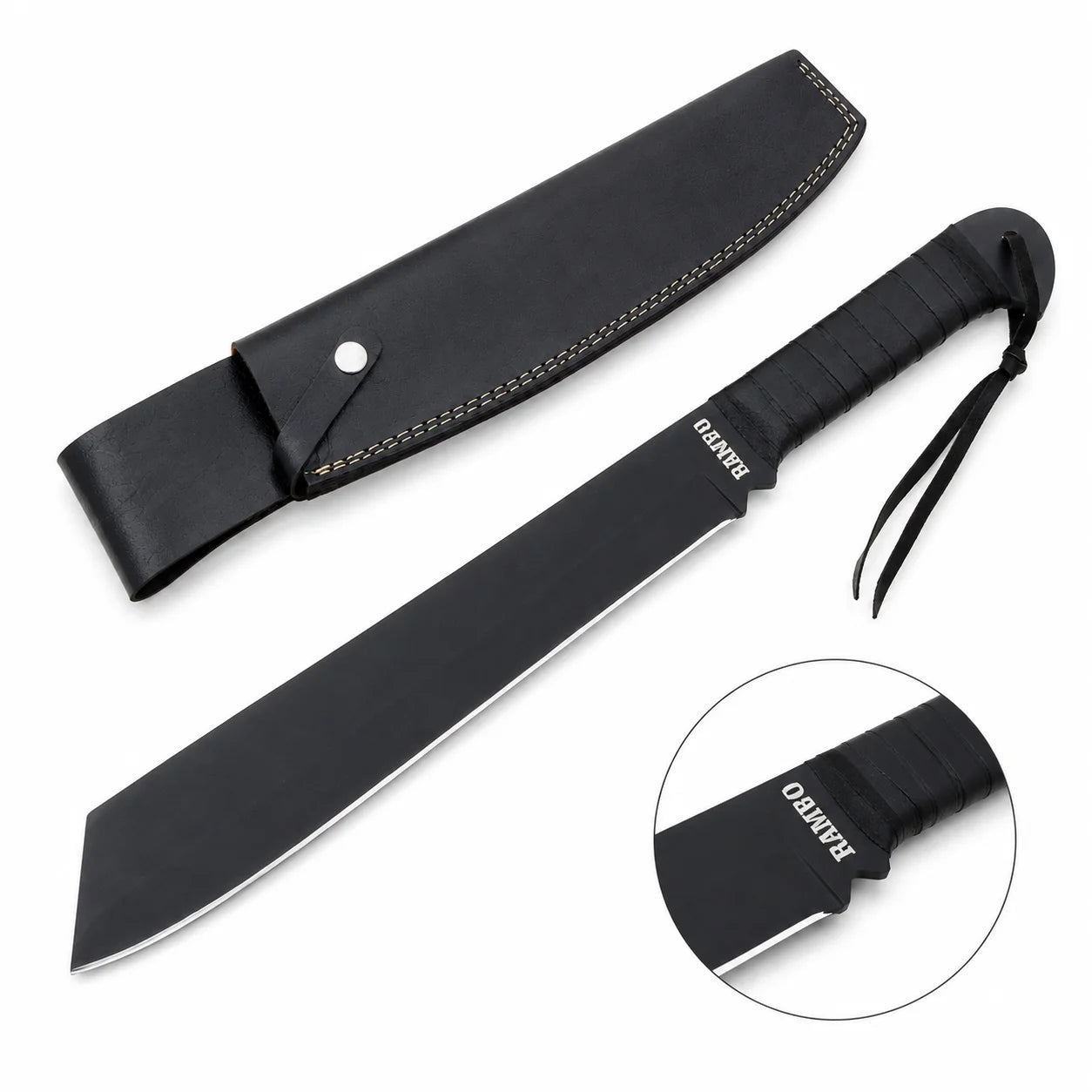 Rambo IV Machete prop replica held in gloved hand in sunlit green jungle forest showing wide black matte display finish cleaver-style blade with RAMBO engraving near ricasso and black leather-wrapped handle with finger-notch guard – John Rambo 2008 movie display collectible