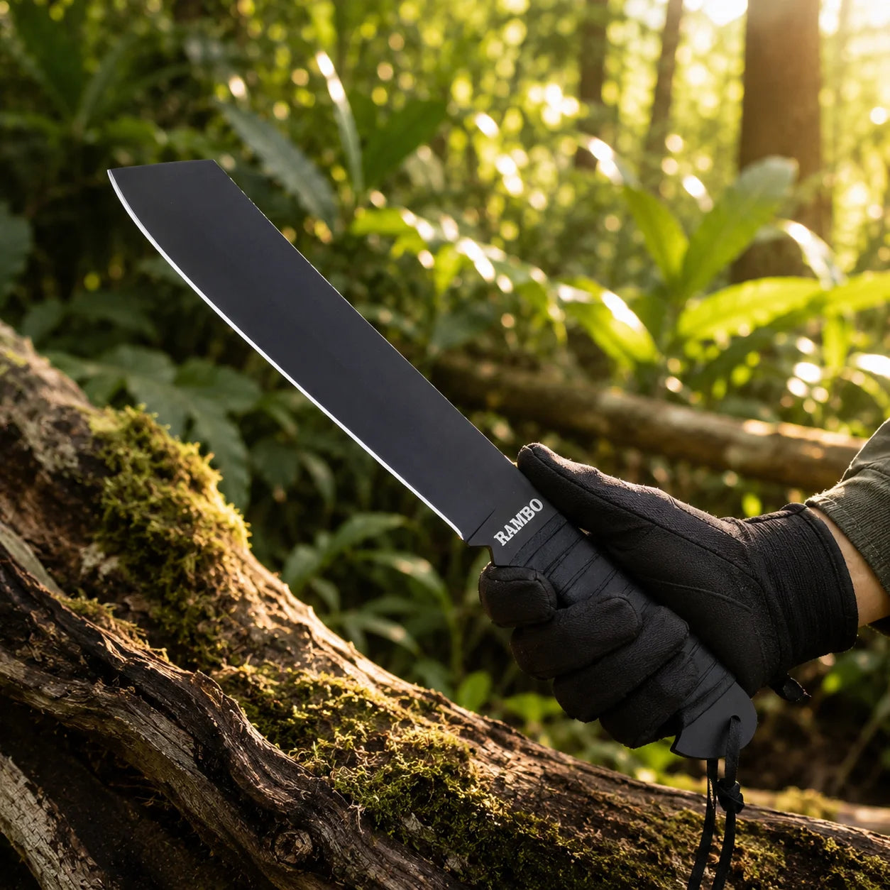 Rambo IV Machete prop replica hero view on mossy rock with full-length black leather sheath white stitching and silver snap button closure showing wide black matte display finish cleaver-style blade with RAMBO engraving and black leather-wrapped handle – John Rambo Rambo 4 movie prop replica collectible