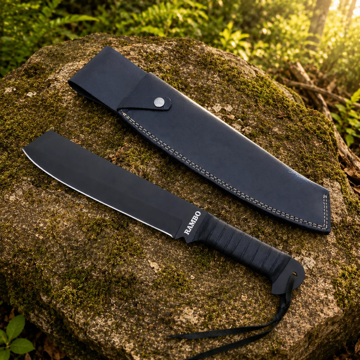 Rambo IV Machete prop replica dramatic hero display on mossy log in sunlit green forest showing full wide black matte display finish cleaver-style blade with RAMBO engraving black leather-wrapped handle finger-notch guard black steel pommel cap and black leather lanyard – Rambo IV fan gift wall display