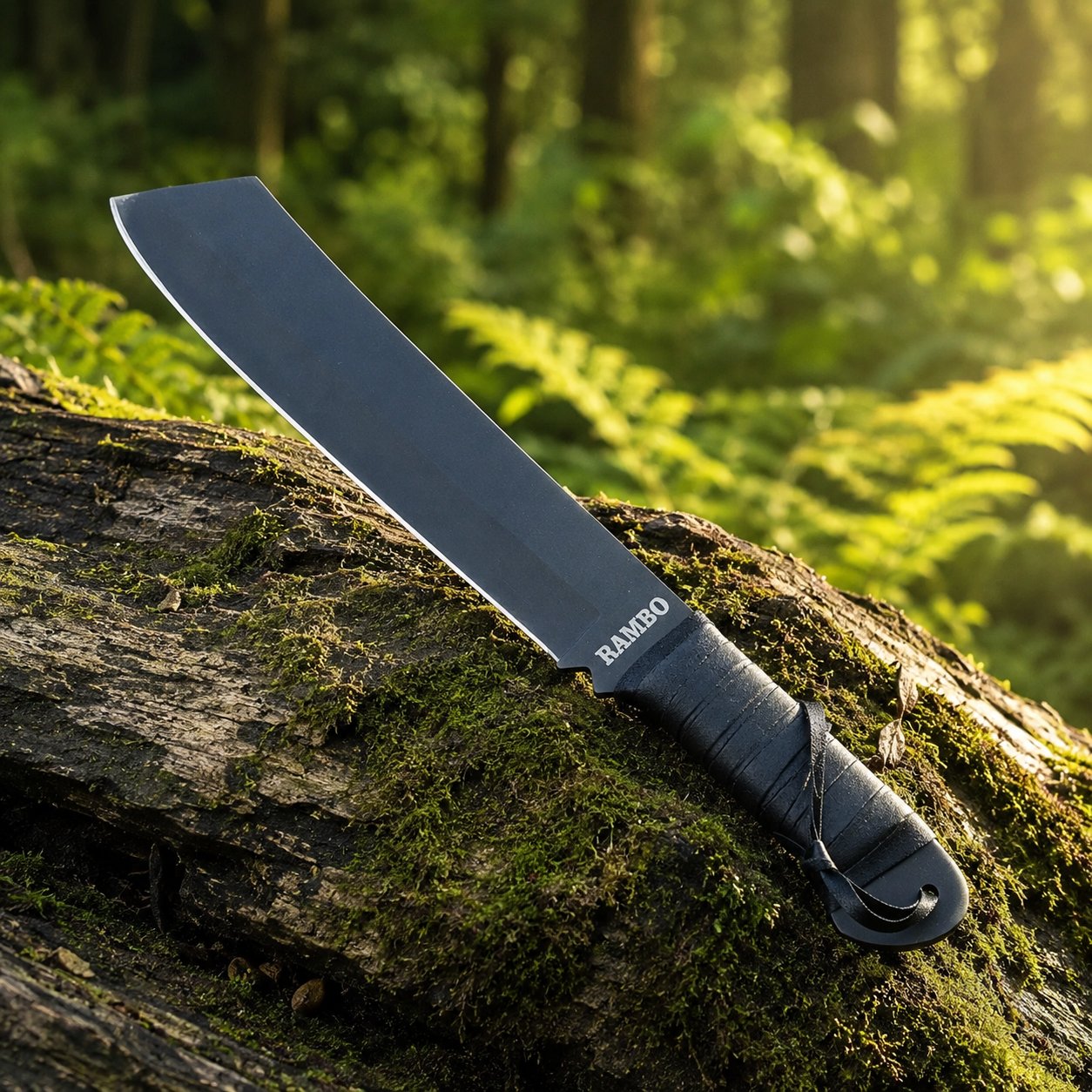 Rambo IV Machete prop replica close-up macro of black leather-wrapped handle with tight horizontal wrap black steel finger-notch guard black steel pommel cap with lanyard hole and black leather lanyard on mossy log in sunlit green forest bokeh – Rambo IV display collectible