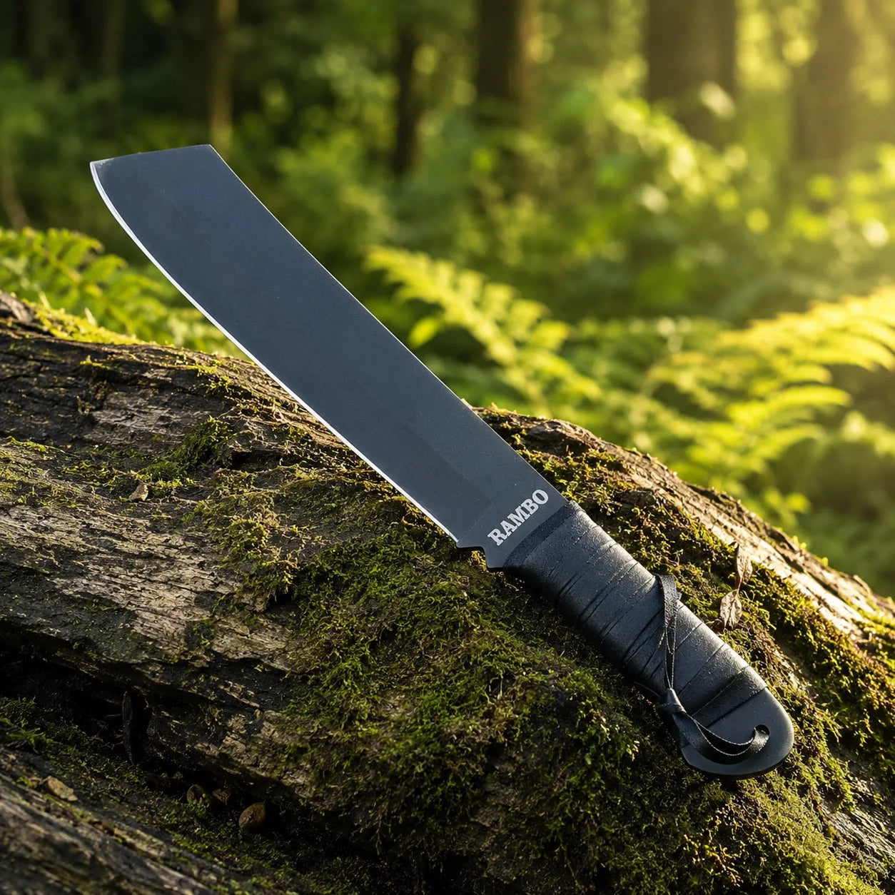 Rambo IV Machete prop replica close-up macro of black leather-wrapped handle with tight horizontal wrap black steel finger-notch guard black steel pommel cap with lanyard hole and black leather lanyard on mossy log in sunlit green forest bokeh – Rambo IV display collectible