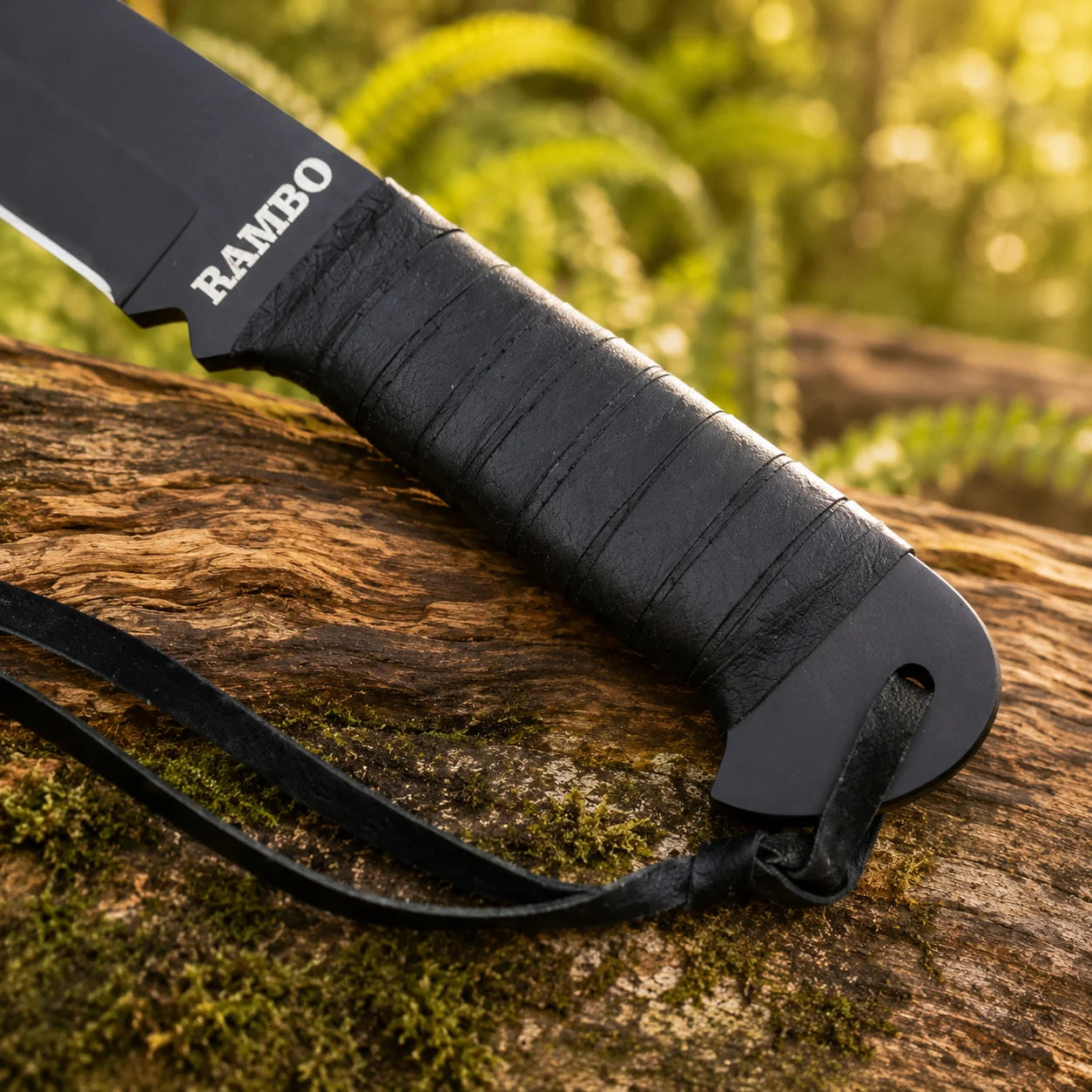 Rambo IV Machete prop replica close-up macro of wide black matte display finish cleaver-style blade tip and spine on mossy log in sunlit green forest – John Rambo 2008 movie prop replica collectible