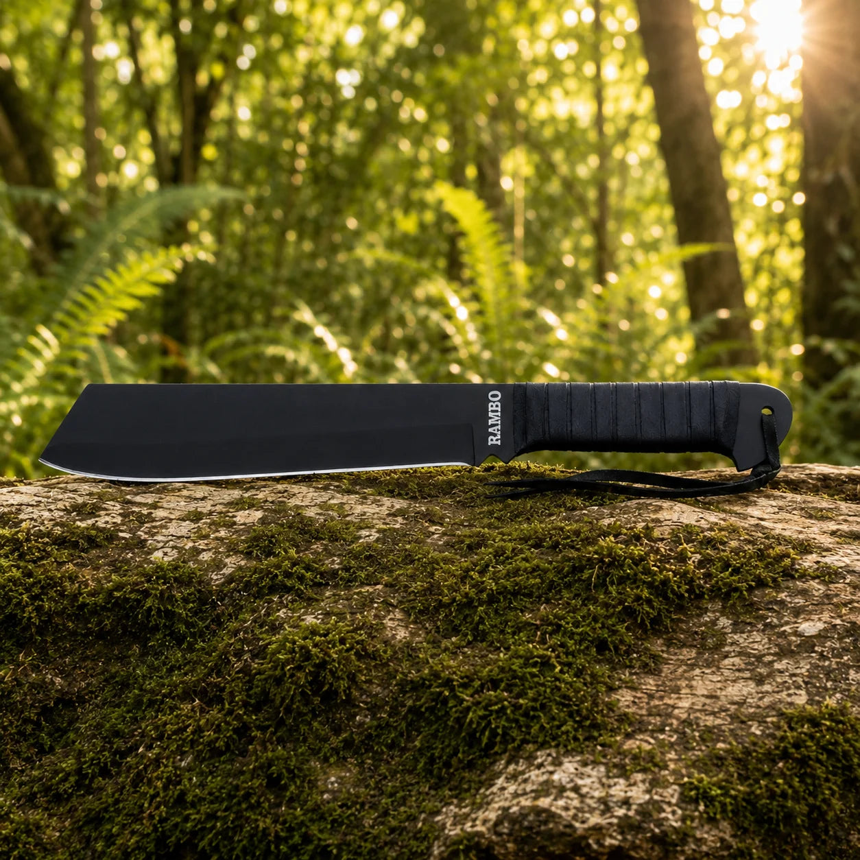 Rambo IV Machete prop replica alternate hero view on mossy rock in sunlit green forest showing full wide black matte display finish cleaver-style blade with RAMBO engraving black leather-wrapped handle finger-notch guard and black steel pommel cap with lanyard – Sylvester Stallone Rambo IV fan gift display piece