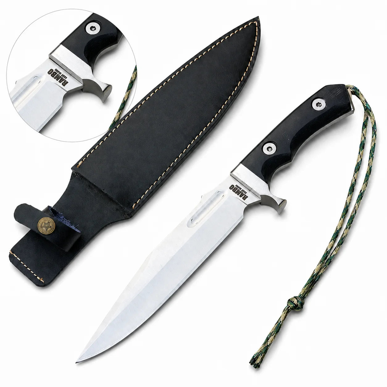 Rambo V Last Blood Bowie knife prop replica held in gloved hand in sunlit green jungle forest showing silver satin display finish clip-point bowie blade with RAMBO LAST BLOOD engraving small circular hole near ricasso and black G10 textured handle with silver hex screw rivets – John Rambo 2019 movie display collectible