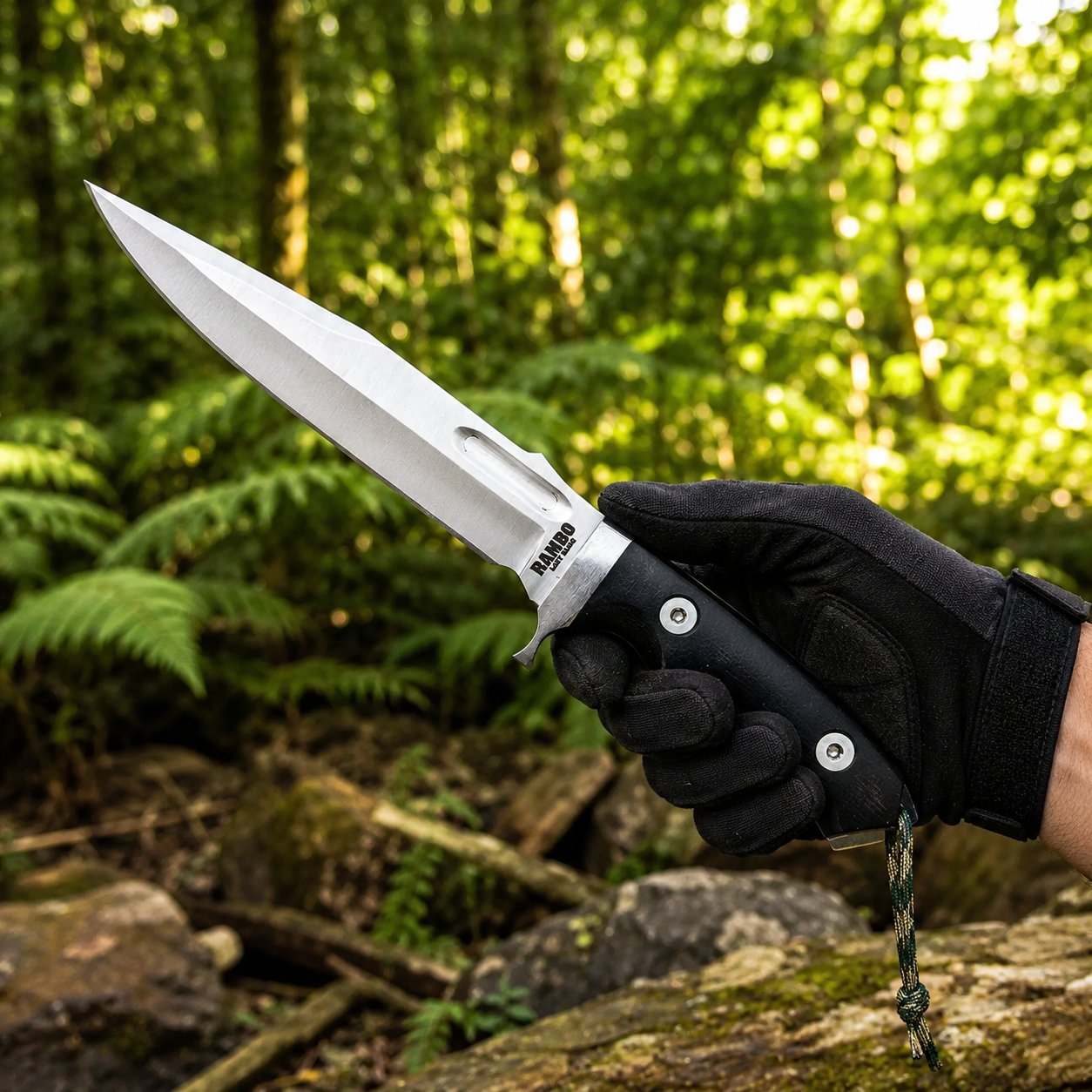 Rambo V Last Blood Bowie knife prop replica hero view on mossy log with full-length black leather sheath white stitching and gold brass medallion badge on belt loop showing silver satin display finish clip-point bowie blade with RAMBO LAST BLOOD engraving and black G10 textured handle – John Rambo Last Blood movie prop replica collectible