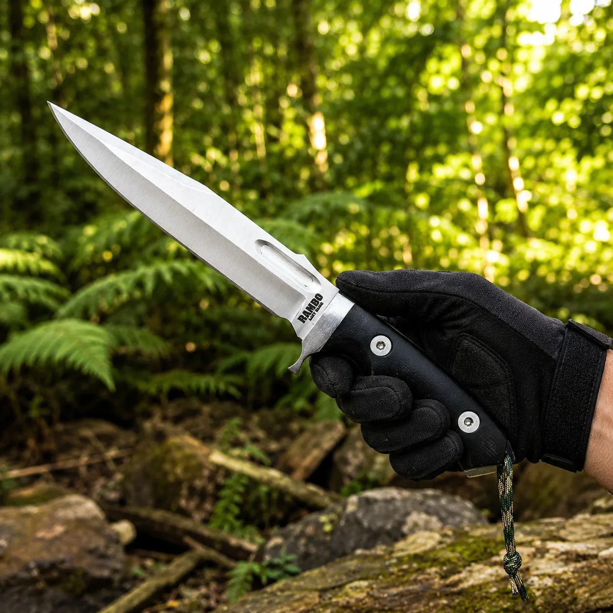 Rambo V Last Blood Bowie knife prop replica hero view on mossy log with full-length black leather sheath white stitching and gold brass medallion badge on belt loop showing silver satin display finish clip-point bowie blade with RAMBO LAST BLOOD engraving and black G10 textured handle – John Rambo Last Blood movie prop replica collectible