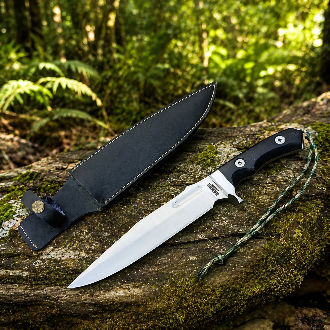 Rambo V Last Blood Bowie knife prop replica dramatic hero display on mossy log in sunlit green forest showing full silver satin display finish clip-point bowie blade with RAMBO LAST BLOOD engraving black G10 textured handle silver steel bolster guard and olive green camo paracord lanyard – Rambo V fan gift wall display