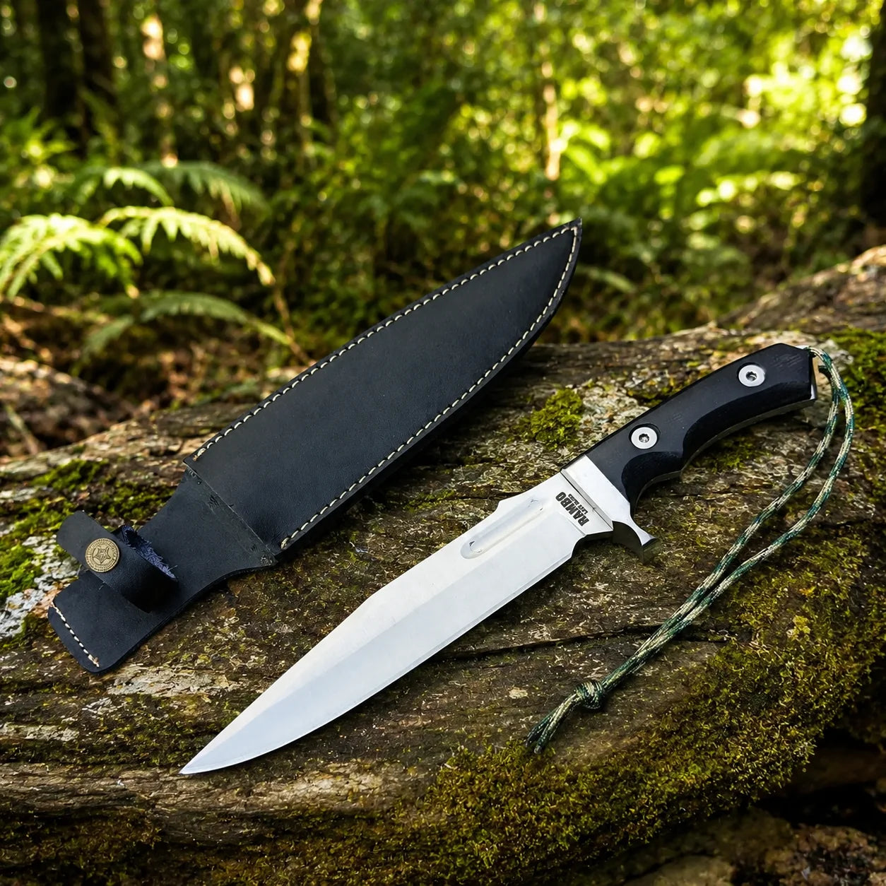 Rambo V Last Blood Bowie knife prop replica hero view on mossy log with full-length black leather sheath white stitching and gold brass medallion badge on belt loop showing silver satin display finish clip-point bowie blade with RAMBO LAST BLOOD engraving and black G10 textured handle – John Rambo Last Blood movie prop replica collectible