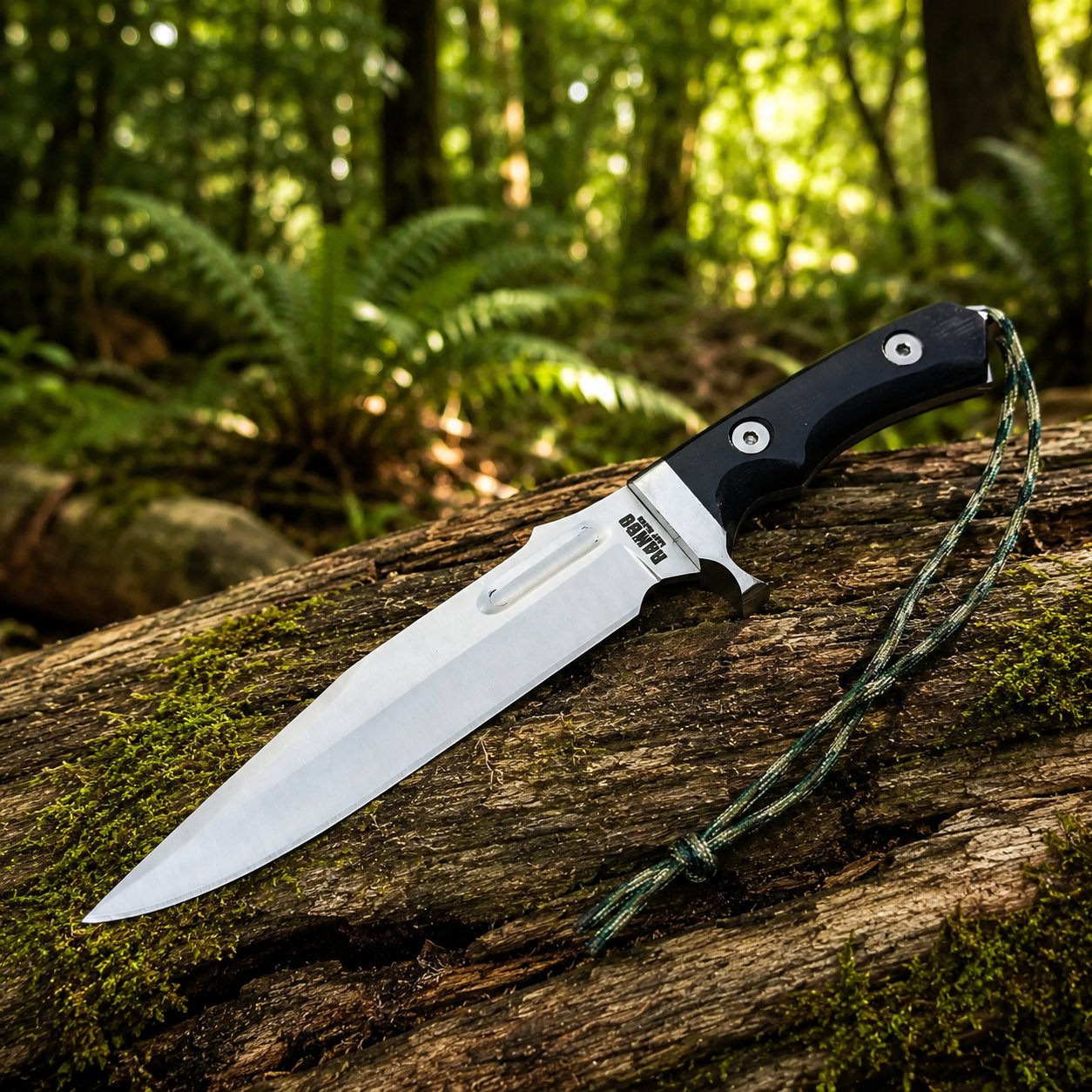 Rambo V Last Blood Bowie knife prop replica close-up macro of black G10 textured handle panels with smooth contoured grip 2 silver hex screw rivets and olive green camo paracord lanyard on mossy log in sunlit green forest bokeh – Rambo V Last Blood display collectible