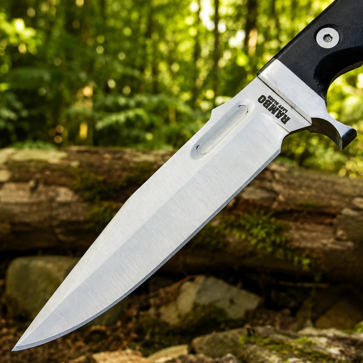 Rambo V Last Blood Bowie knife prop replica wide display view on mossy log showing full silver satin display finish clip-point bowie blade profile with RAMBO LAST BLOOD engraving black G10 textured handle silver steel bolster guard and olive green camo paracord lanyard in sunlit green forest – Rambo V Last Blood cosplay prop fan gift