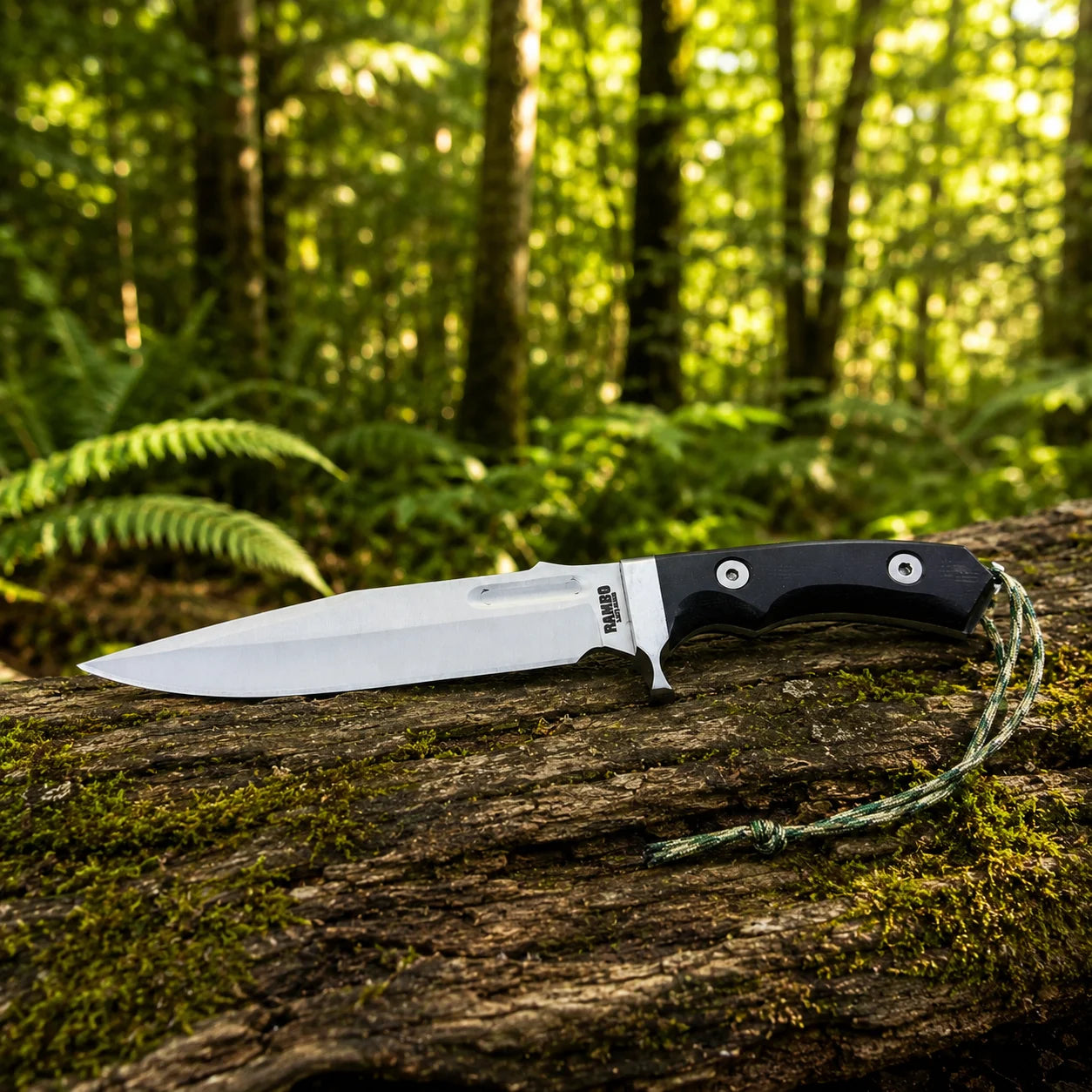 Rambo V Last Blood Bowie knife prop replica alternate hero view on mossy log in sunlit green forest showing full silver satin display finish clip-point bowie blade with RAMBO LAST BLOOD engraving black G10 textured handle silver steel bolster guard and olive green camo paracord lanyard – Sylvester Stallone Rambo V fan gift display piece
