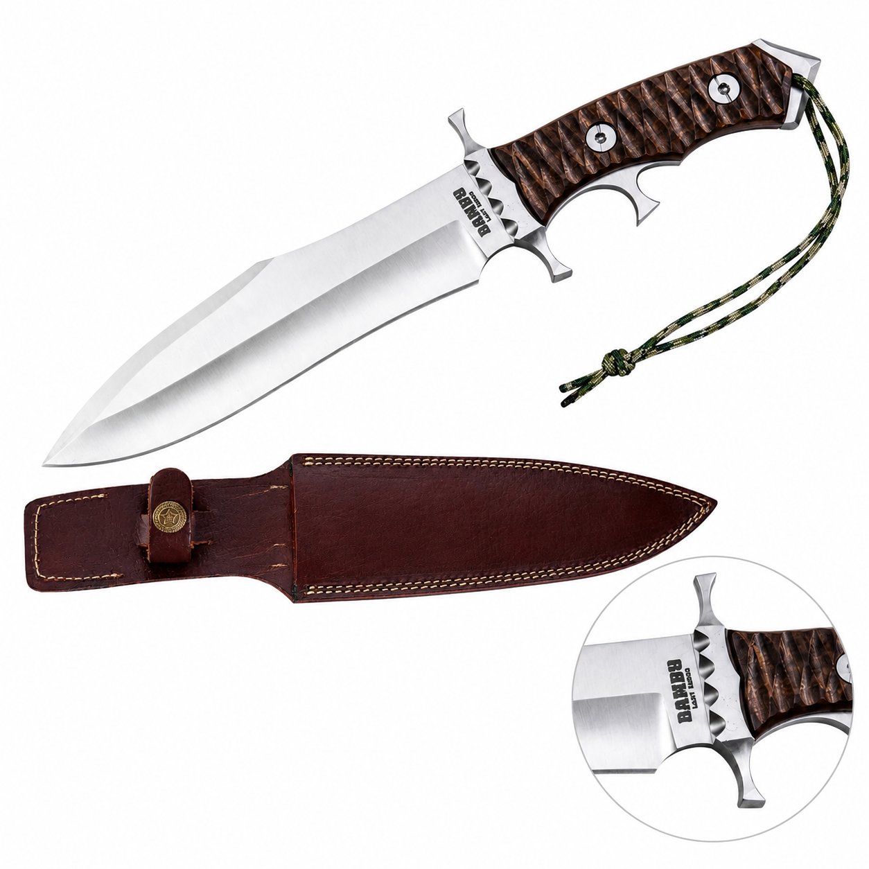 Rambo V Last Blood Heartstopper knife prop replica held in gloved hand on mossy rock in sunlit green jungle forest showing silver satin display finish double-edged dagger blade with RAMBO LAST BLOOD engraving dark walnut crosshatch handle and silver steel double crossguard – John Rambo 2019 movie display collectible