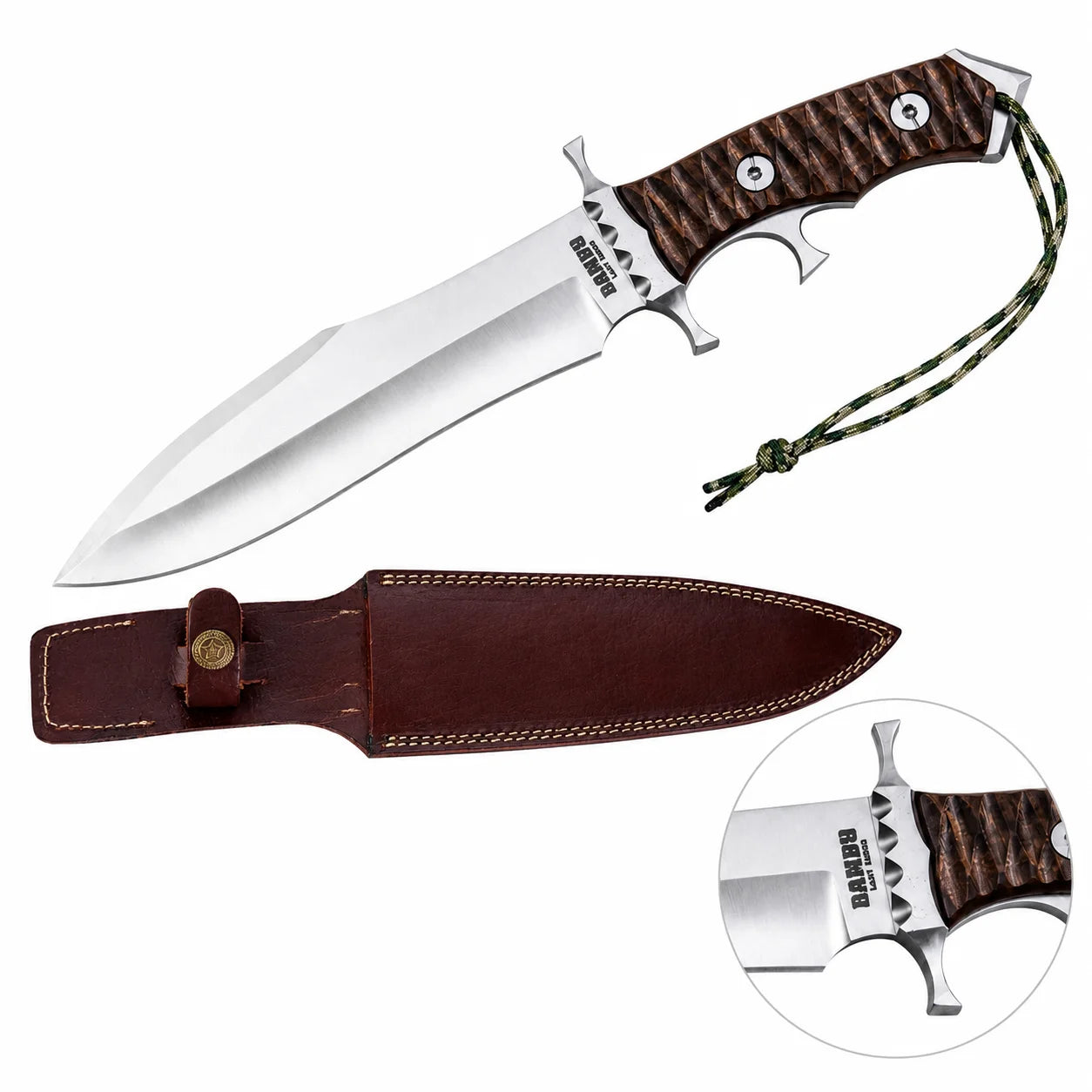 Rambo V Last Blood Heartstopper knife prop replica held in gloved hand on mossy rock in sunlit green jungle forest showing silver satin display finish double-edged dagger blade with RAMBO LAST BLOOD engraving dark walnut crosshatch handle and silver steel double crossguard – John Rambo 2019 movie display collectible