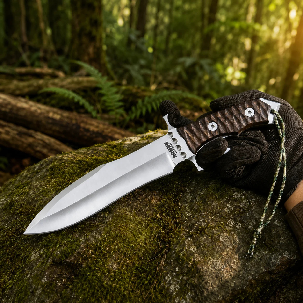Rambo V Last Blood Heartstopper knife prop replica hero view on mossy rock with dark burgundy oxblood brown leather sheath white stitching and snap button closure showing silver satin display finish double-edged dagger blade with RAMBO LAST BLOOD engraving and dark walnut crosshatch handle – John Rambo Last Blood movie prop replica collectible