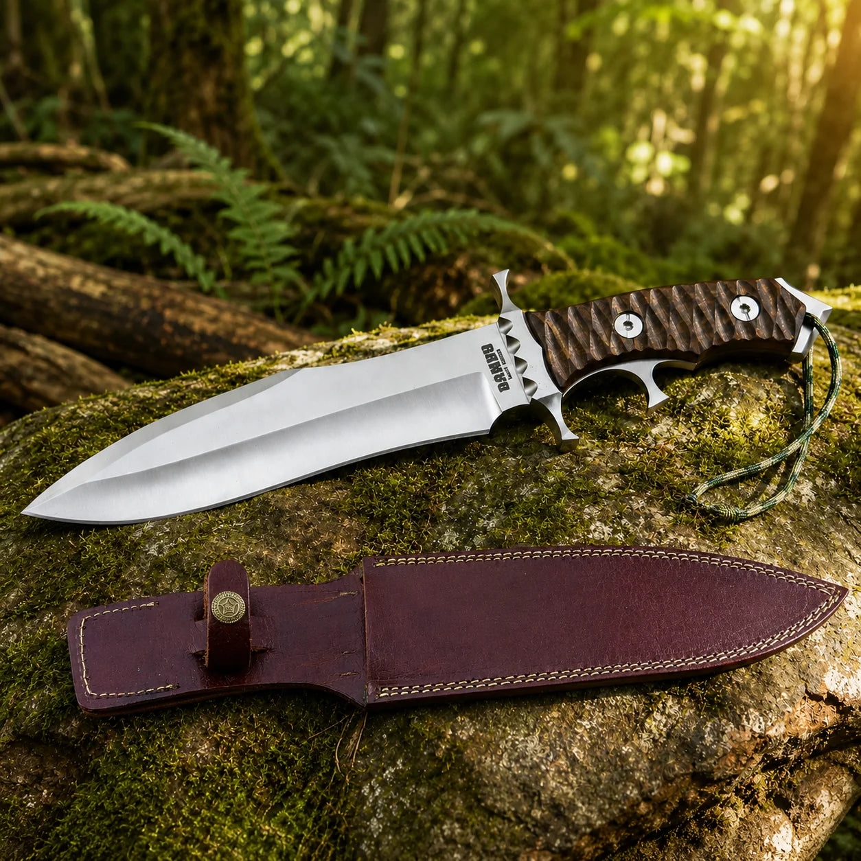 Rambo V Last Blood Heartstopper knife prop replica dramatic hero display on mossy rock in sunlit green forest showing full silver satin display finish double-edged dagger blade with RAMBO LAST BLOOD engraving dark walnut crosshatch handle silver steel double crossguard and olive green paracord lanyard – Rambo V fan gift wall display