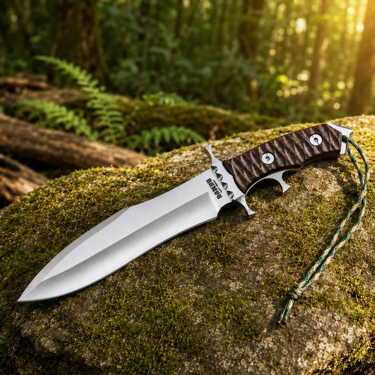 Rambo V Last Blood Heartstopper knife prop replica close-up macro of dark walnut wood handle panels with deep diagonal crosshatch carved texture 2 silver screw rivets silver steel double crossguard with notched spine serrations and olive green paracord lanyard on mossy rock in sunlit green forest bokeh – Rambo V display collectible